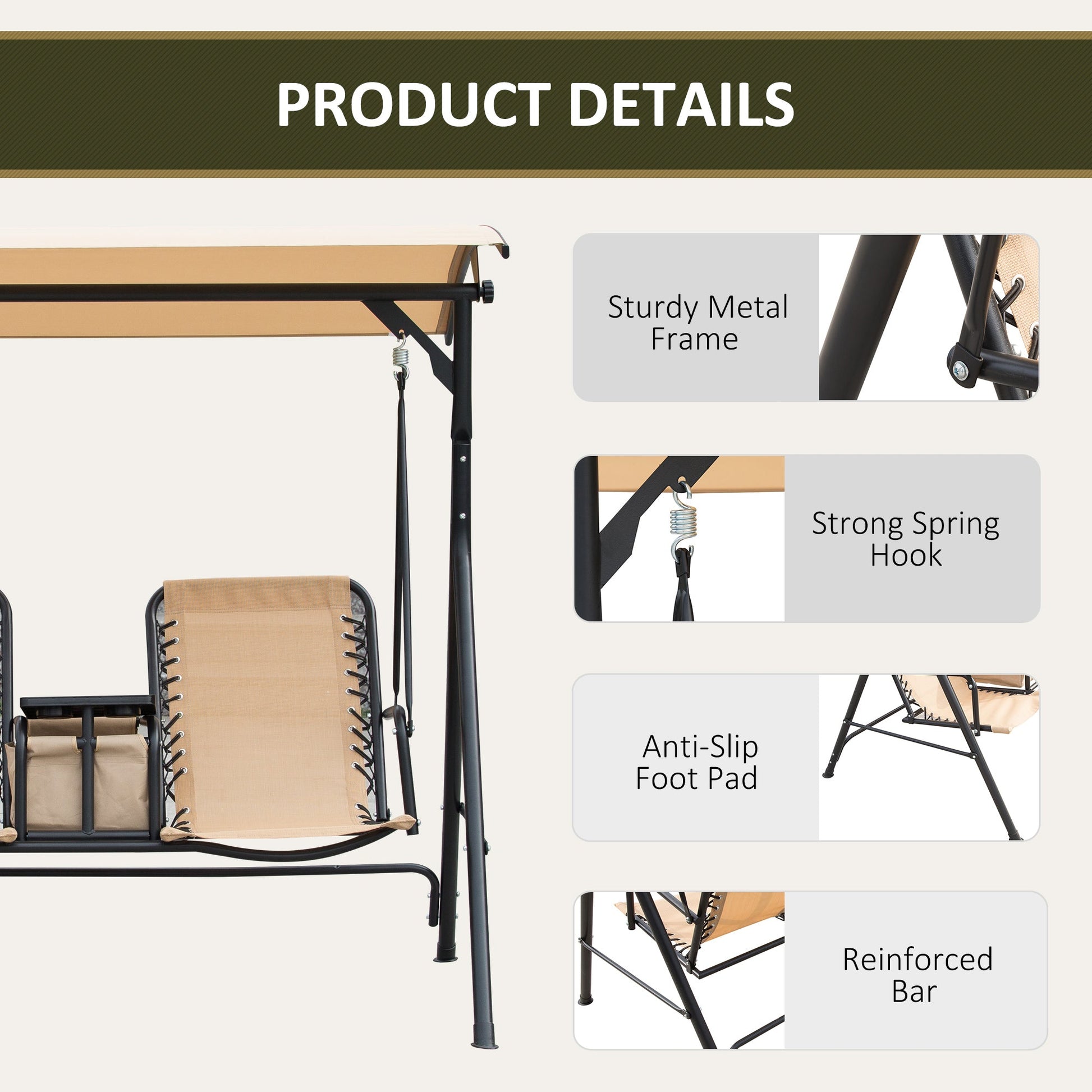 2 Person Covered Porch Swing Patio Swing with Pivot Storage Table, Cup Holder, &; Adjustable Overhead Canopy, Beige Porch Swings with Canopy   at Gallery Canada