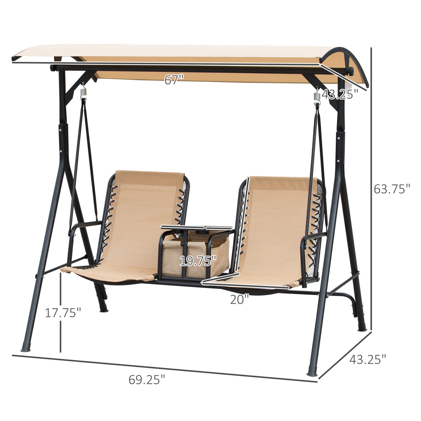 2 Person Covered Porch Swing Patio Swing with Pivot Storage Table, Cup Holder, &; Adjustable Overhead Canopy, Beige Porch Swings with Canopy   at Gallery Canada