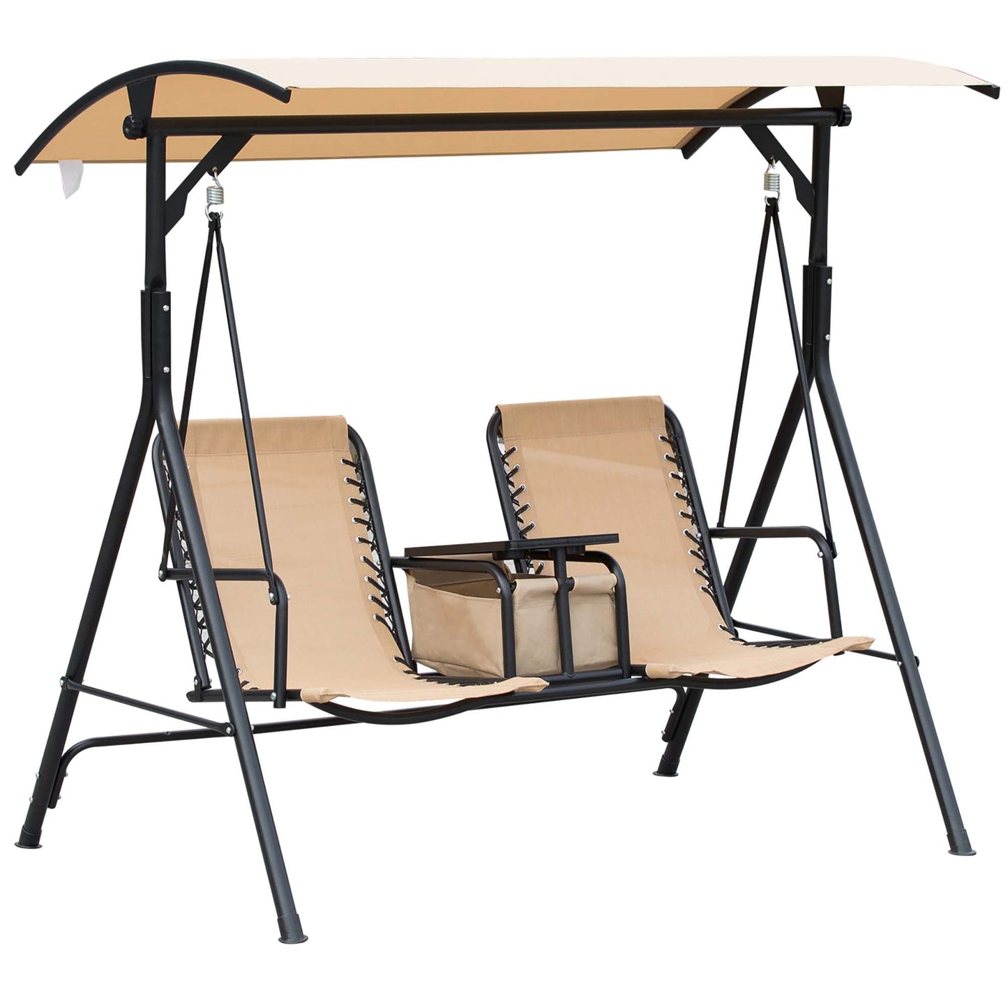 2 Person Covered Porch Swing Patio Swing with Pivot Storage Table, Cup Holder, &; Adjustable Overhead Canopy, Beige - Gallery Canada