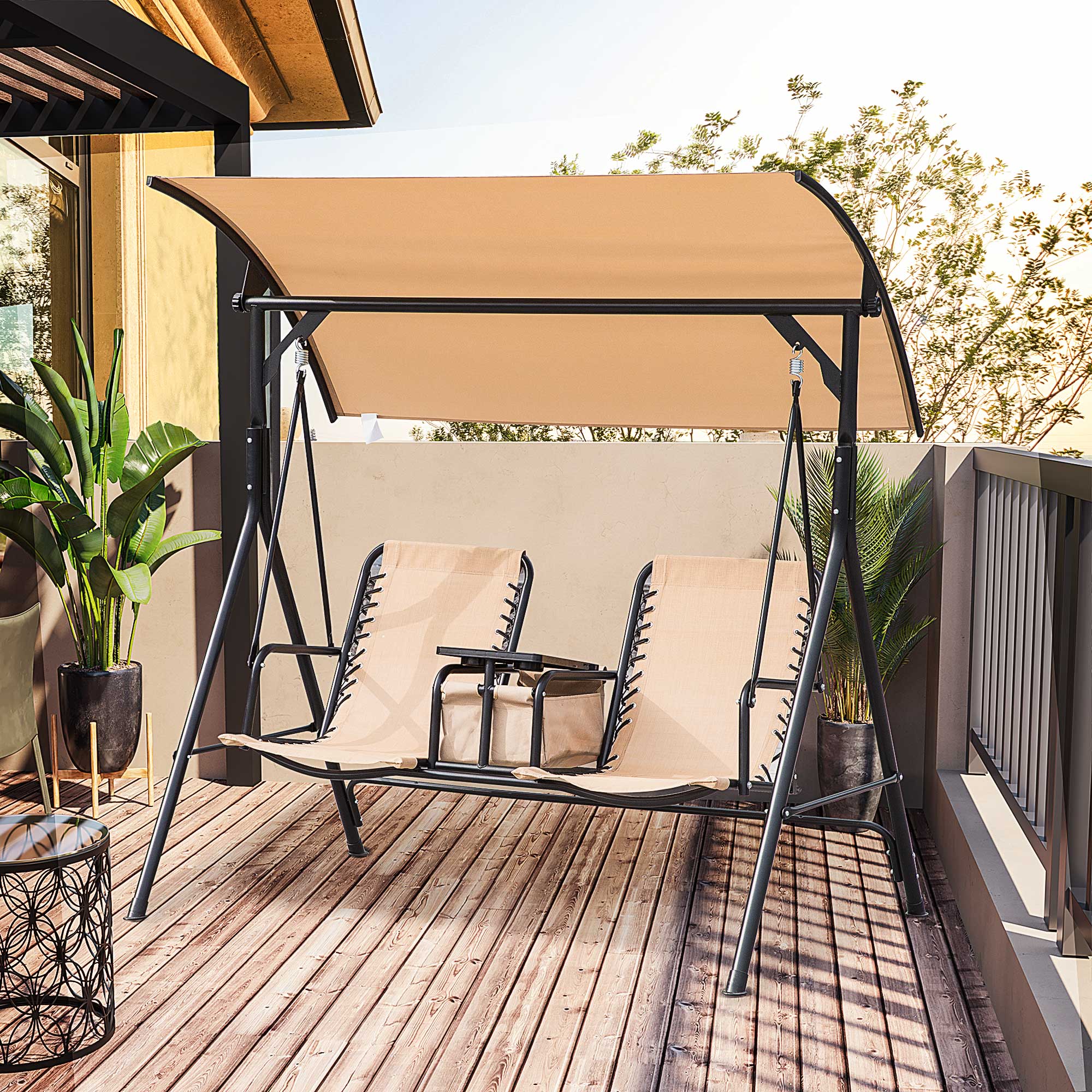 2 Person Covered Porch Swing Patio Swing with Pivot Storage Table, Cup Holder, &; Adjustable Overhead Canopy, Beige Porch Swings with Canopy   at Gallery Canada