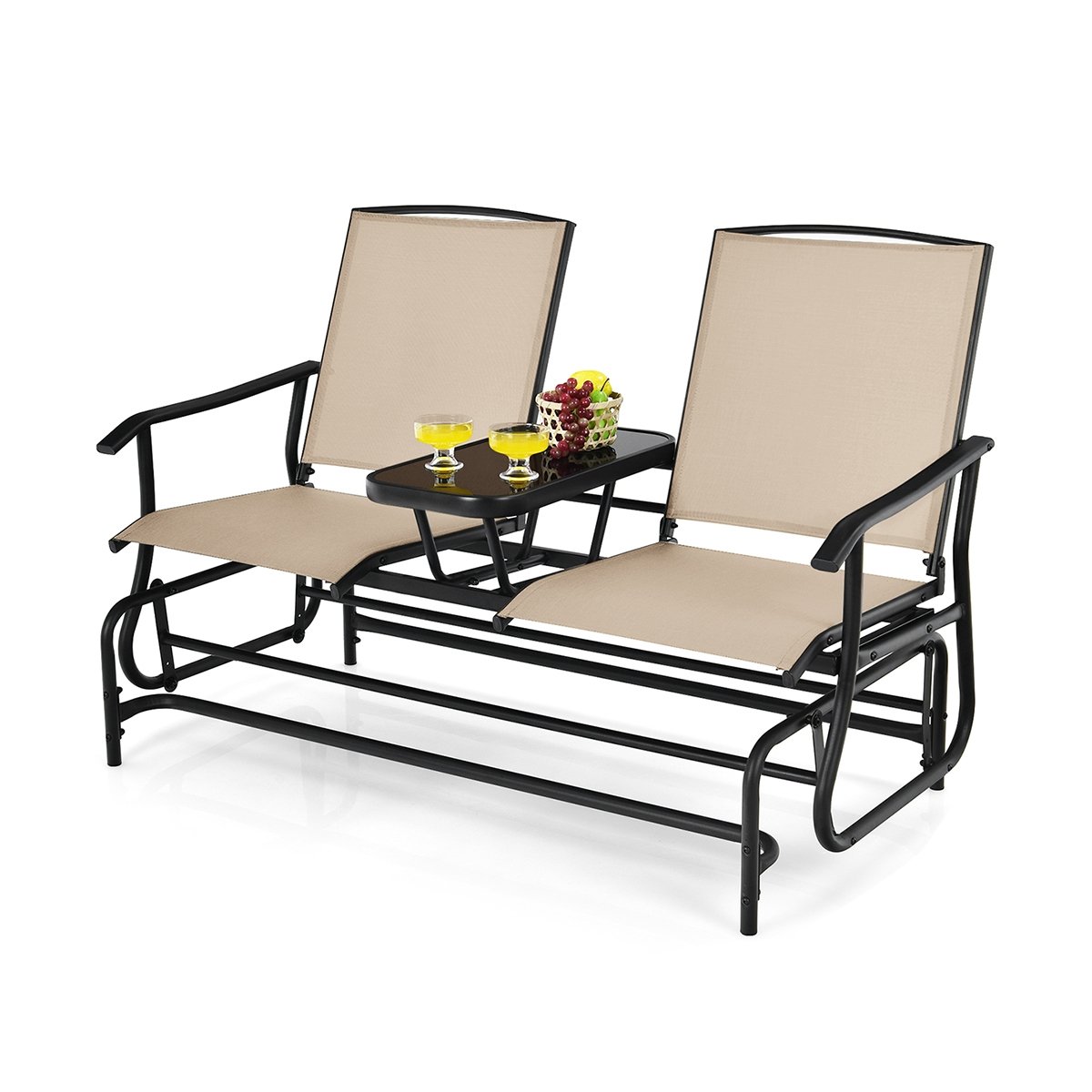 2-Person Double Rocking Loveseat with Mesh Fabric and Center Tempered Glass Table, Beige Patio Conversation Sets   at Gallery Canada