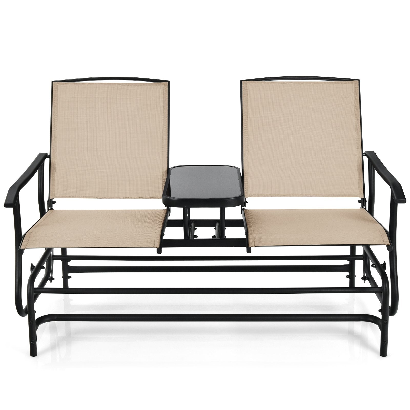 2-Person Double Rocking Loveseat with Mesh Fabric and Center Tempered Glass Table, Beige Patio Conversation Sets   at Gallery Canada