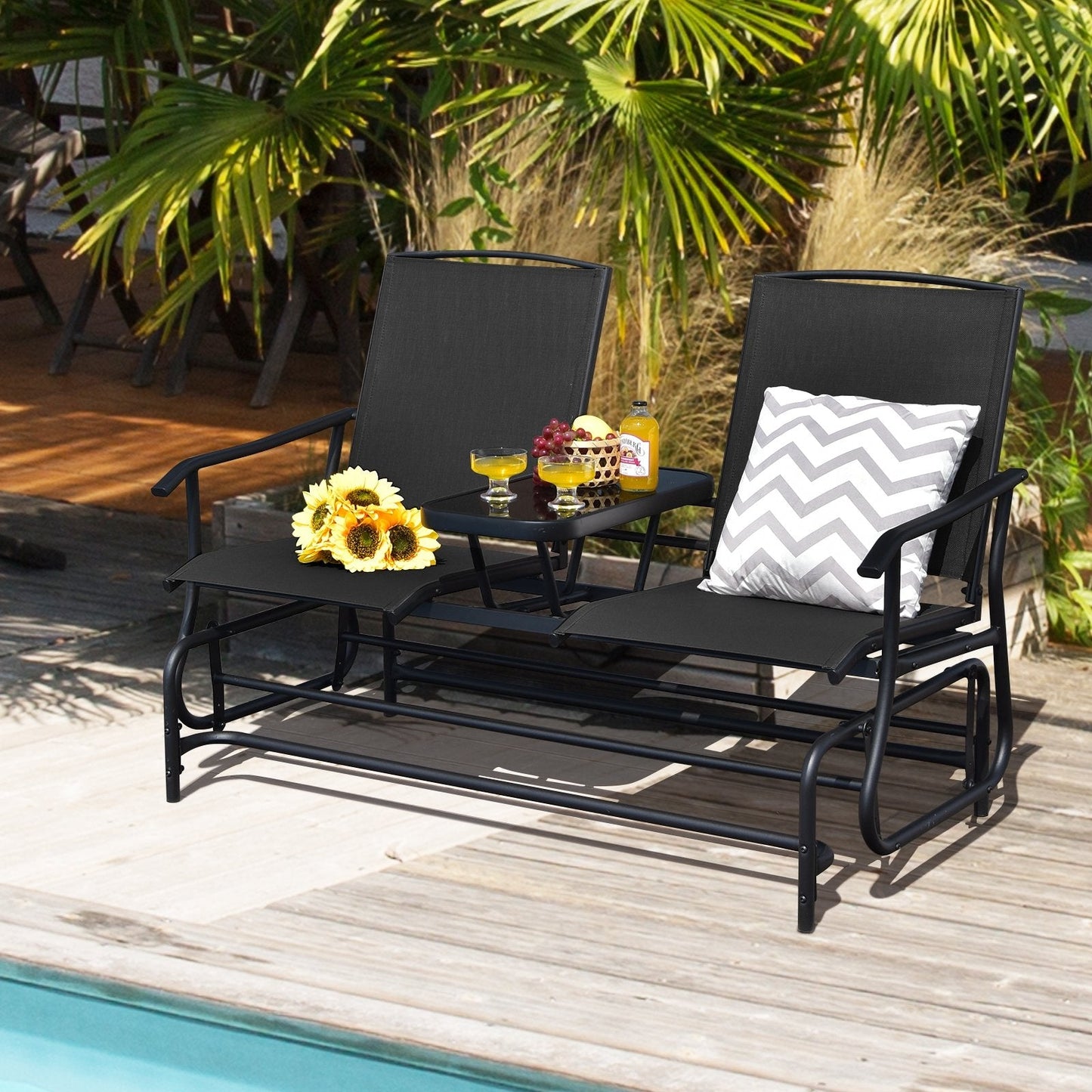 2-Person Double Rocking Loveseat with Mesh Fabric and Center Tempered Glass Table, Black Patio Conversation Sets   at Gallery Canada