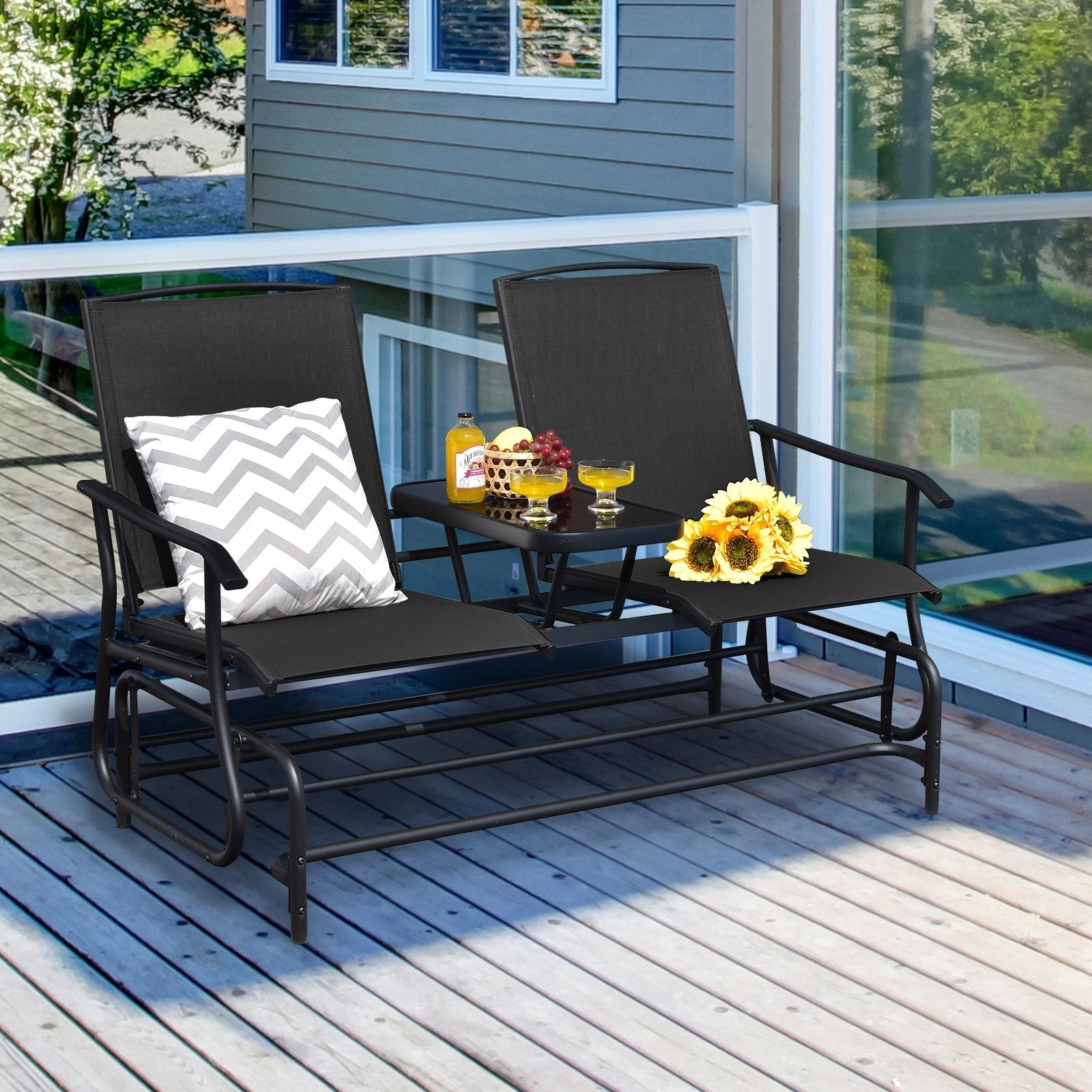 2-Person Double Rocking Loveseat with Mesh Fabric and Center Tempered Glass Table, Black Patio Conversation Sets   at Gallery Canada