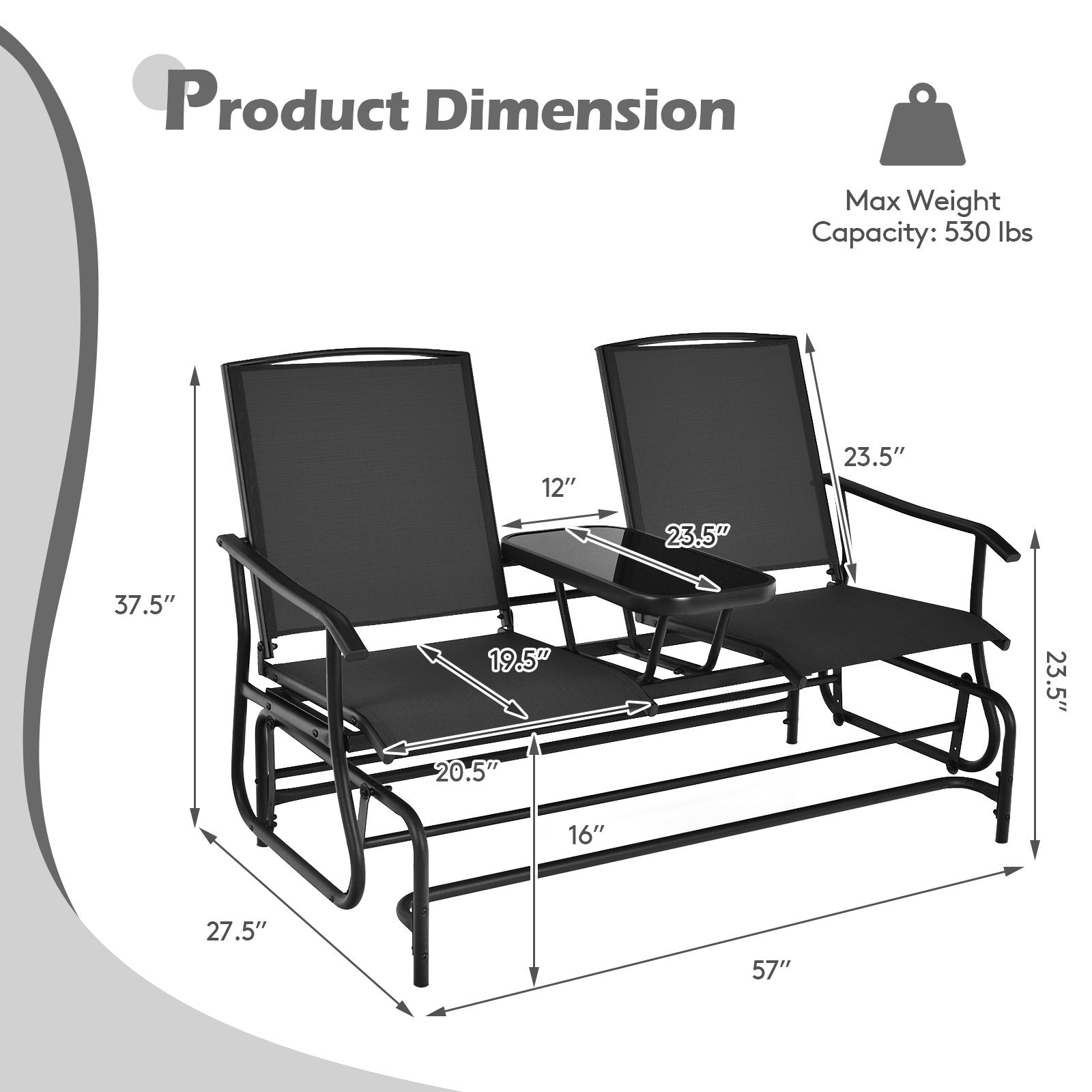 2-Person Double Rocking Loveseat with Mesh Fabric and Center Tempered Glass Table, Black Patio Conversation Sets   at Gallery Canada