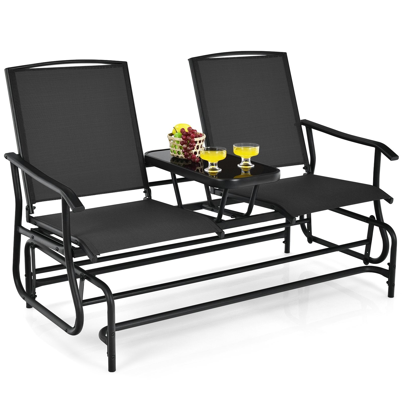 2-Person Double Rocking Loveseat with Mesh Fabric and Center Tempered Glass Table, Black Patio Conversation Sets   at Gallery Canada