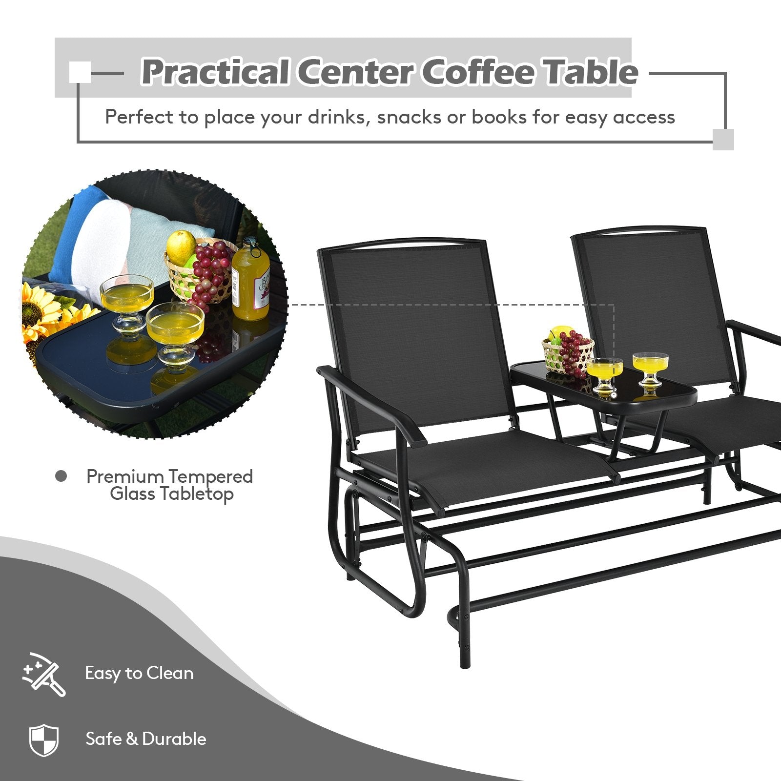 2-Person Double Rocking Loveseat with Mesh Fabric and Center Tempered Glass Table, Black Patio Conversation Sets   at Gallery Canada