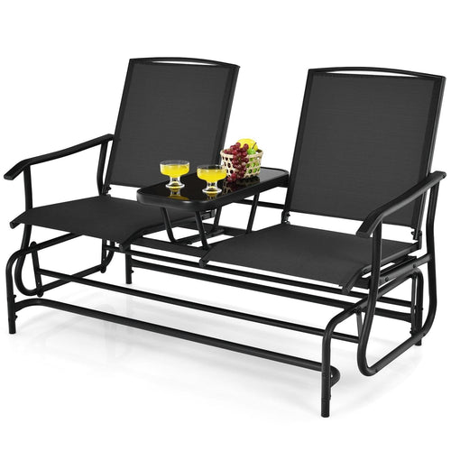 2-Person Double Rocking Loveseat with Mesh Fabric and Center Tempered Glass Table, Black