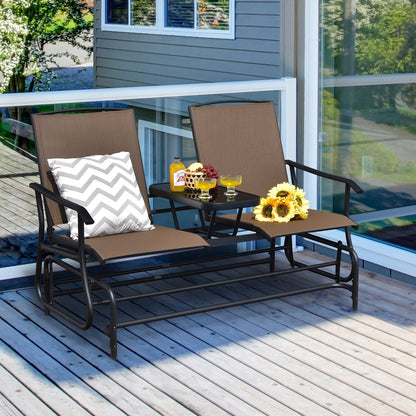 2-Person Double Rocking Loveseat with Mesh Fabric and Center Tempered Glass Table, Brown Patio Conversation Sets   at Gallery Canada