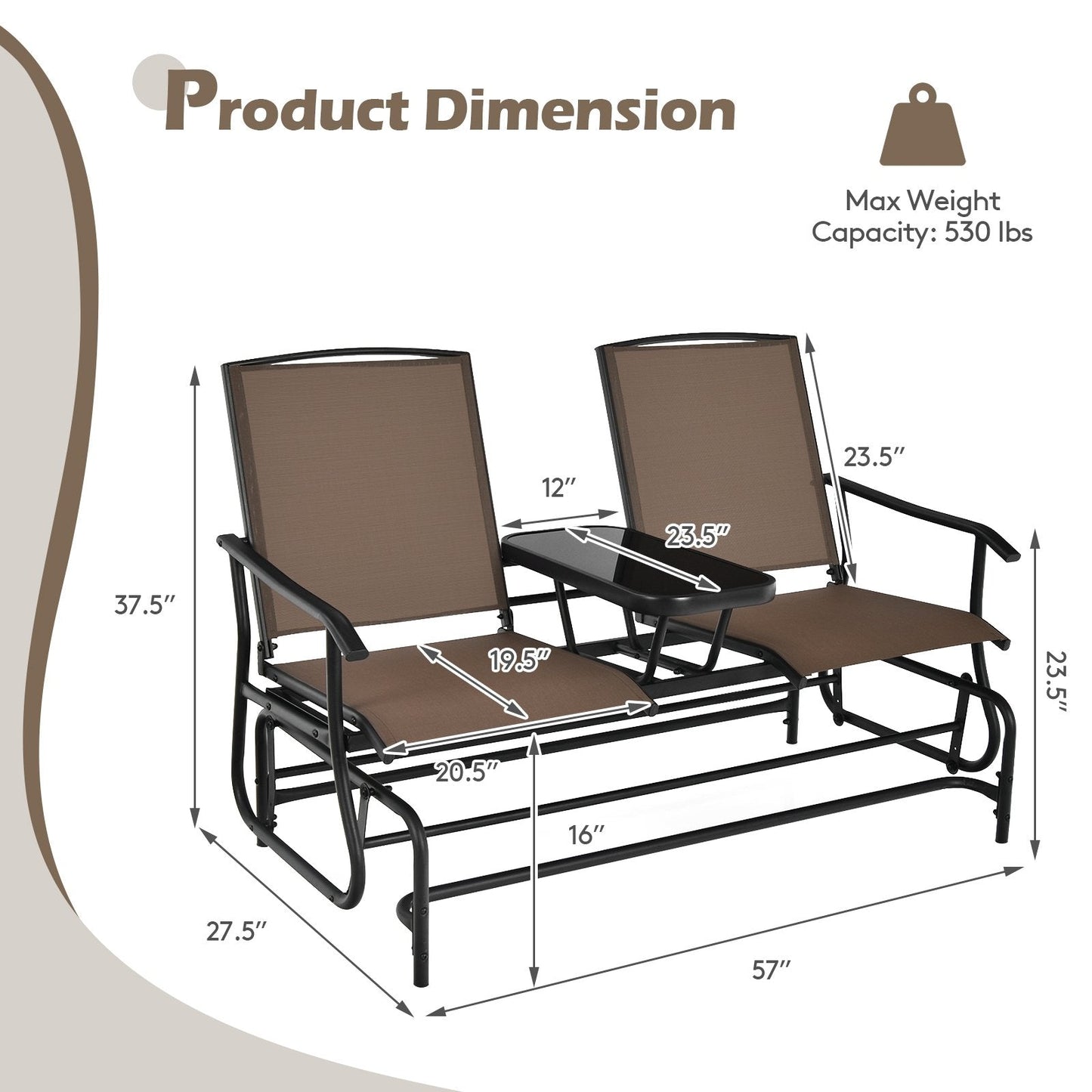 2-Person Double Rocking Loveseat with Mesh Fabric and Center Tempered Glass Table, Brown Patio Conversation Sets   at Gallery Canada