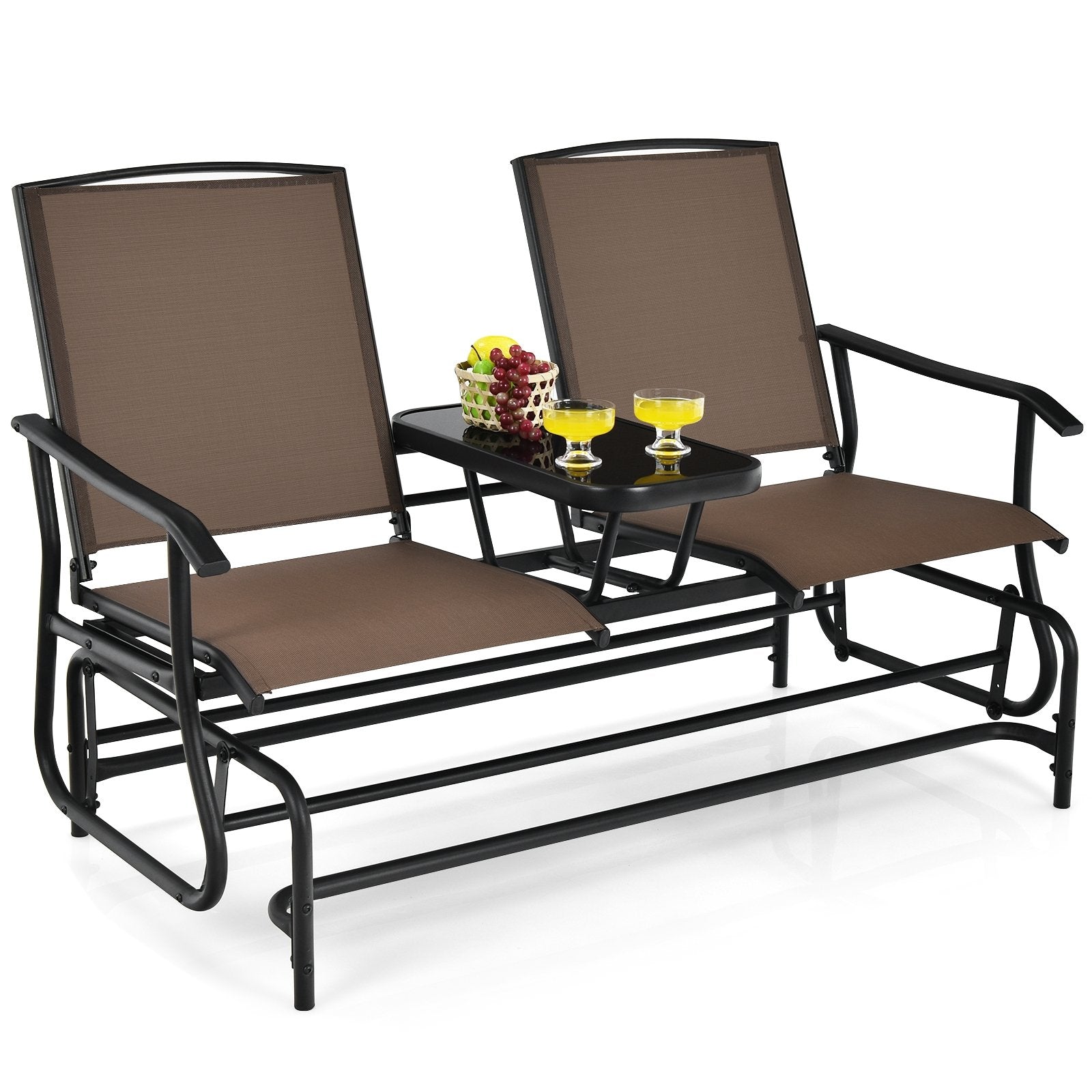 2-Person Double Rocking Loveseat with Mesh Fabric and Center Tempered Glass Table, Brown Patio Conversation Sets   at Gallery Canada