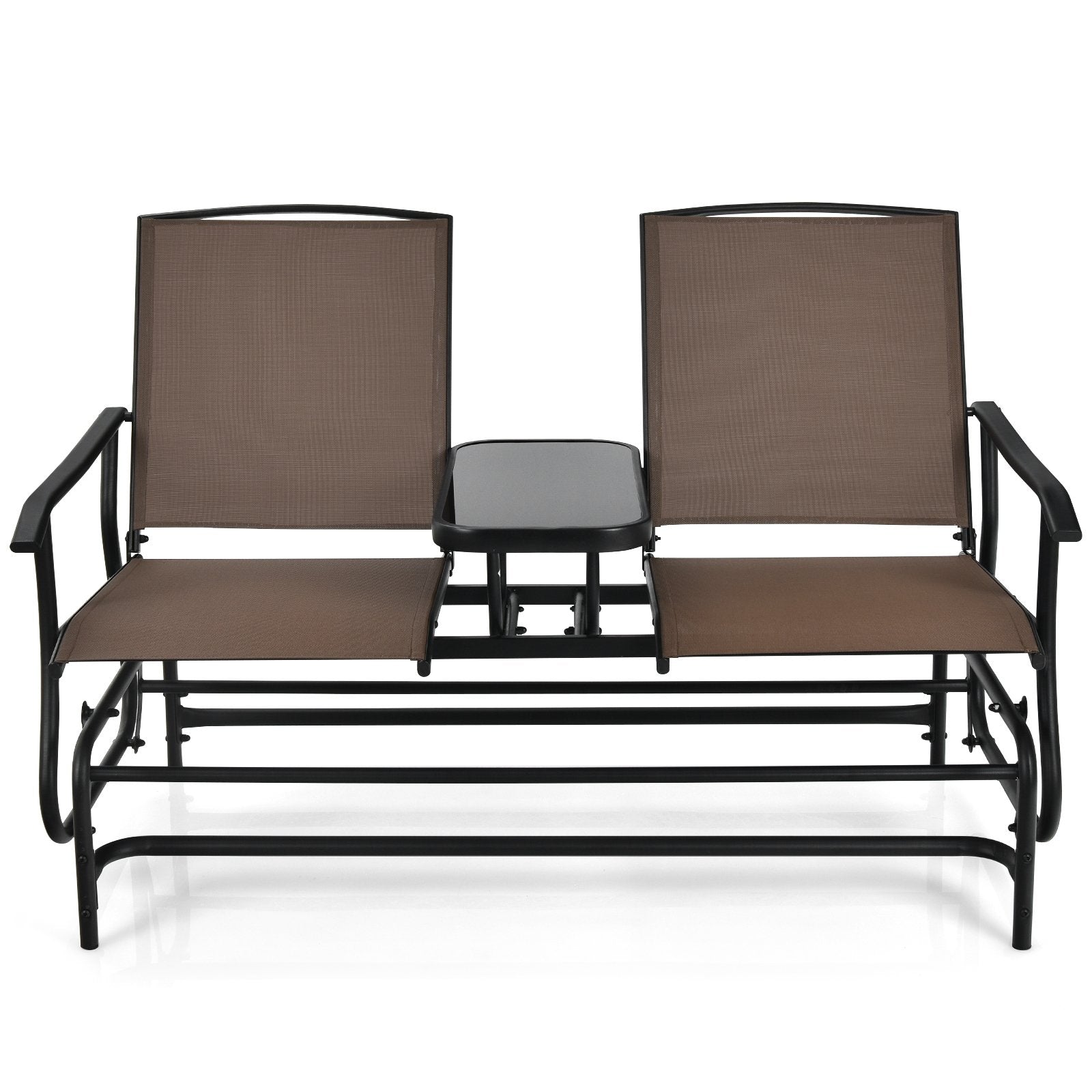 2-Person Double Rocking Loveseat with Mesh Fabric and Center Tempered Glass Table, Brown Patio Conversation Sets   at Gallery Canada