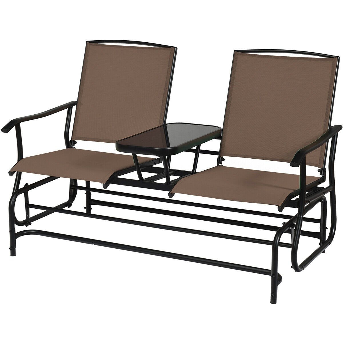 2-Person Double Rocking Loveseat with Mesh Fabric and Center Tempered Glass Table, Brown Patio Conversation Sets   at Gallery Canada