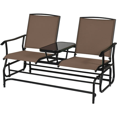 2-Person Double Rocking Loveseat with Mesh Fabric and Center Tempered Glass Table, Brown