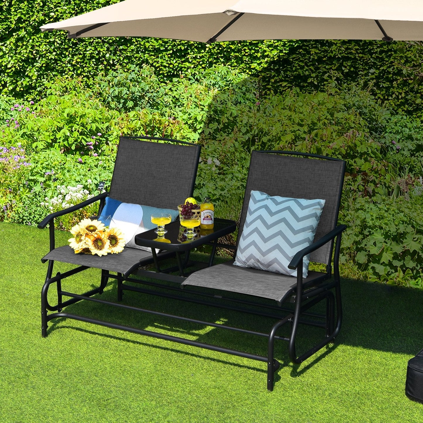 2-Person Double Rocking Loveseat with Mesh Fabric and Center Tempered Glass Table, Gray Patio Conversation Sets   at Gallery Canada