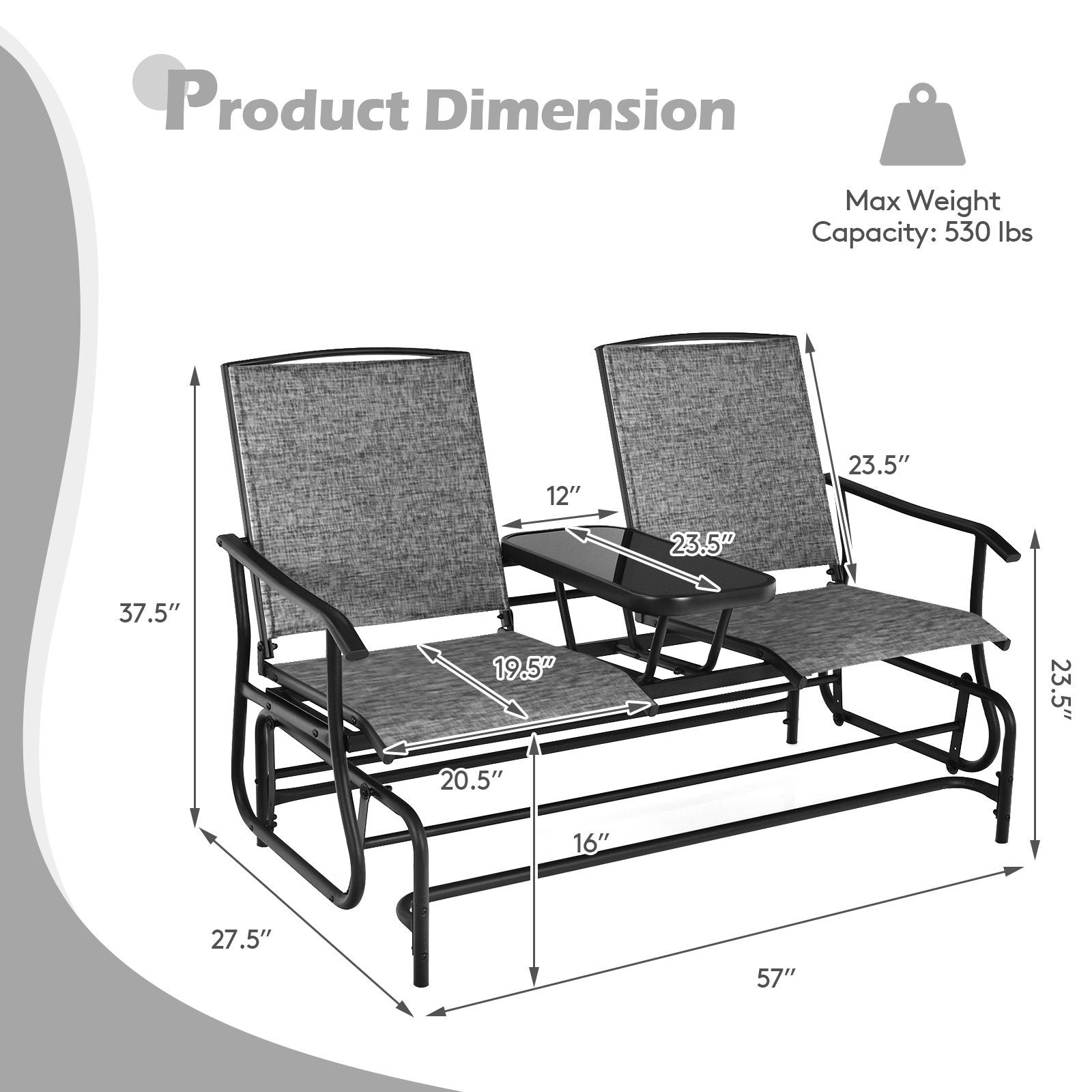 2-Person Double Rocking Loveseat with Mesh Fabric and Center Tempered Glass Table, Gray Patio Conversation Sets   at Gallery Canada