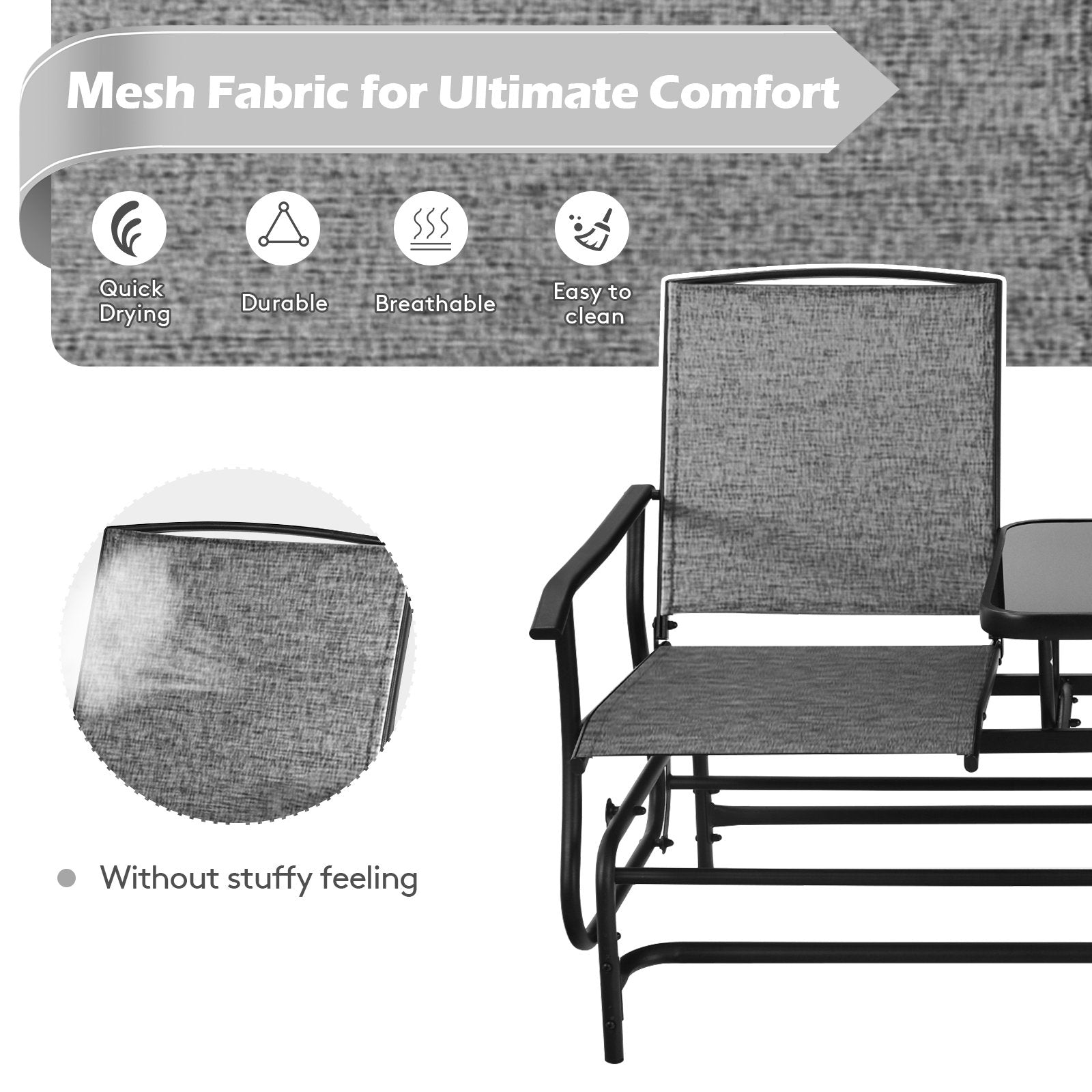 2-Person Double Rocking Loveseat with Mesh Fabric and Center Tempered Glass Table, Gray Patio Conversation Sets   at Gallery Canada