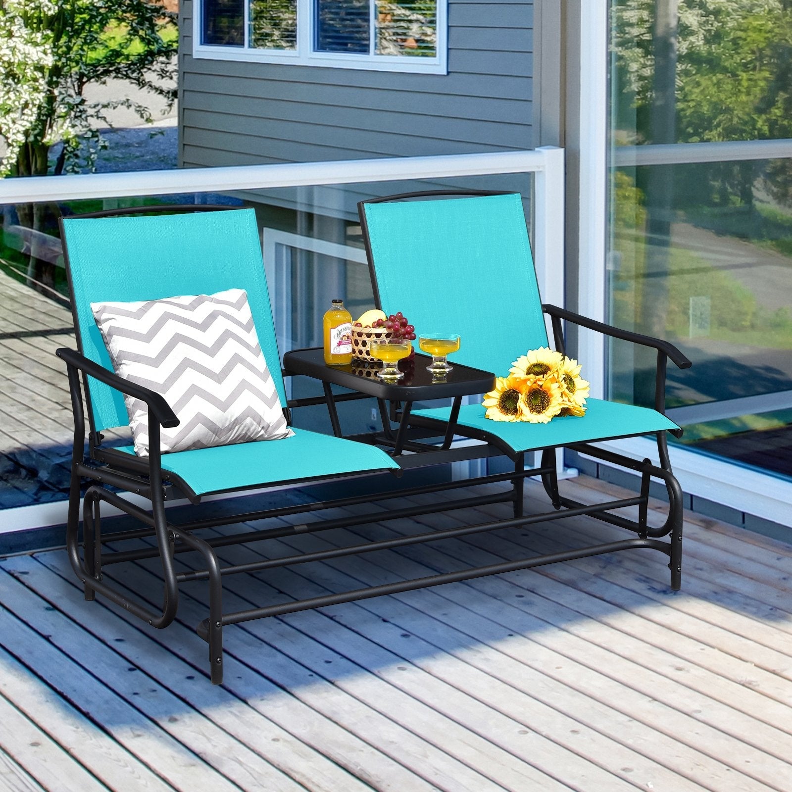 2-Person Double Rocking Loveseat with Mesh Fabric and Center Tempered Glass Table, Turquoise Patio Conversation Sets   at Gallery Canada