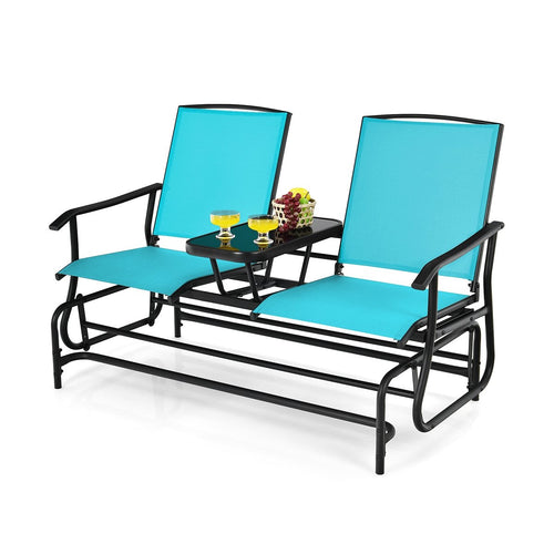 2-Person Double Rocking Loveseat with Mesh Fabric and Center Tempered Glass Table, Turquoise