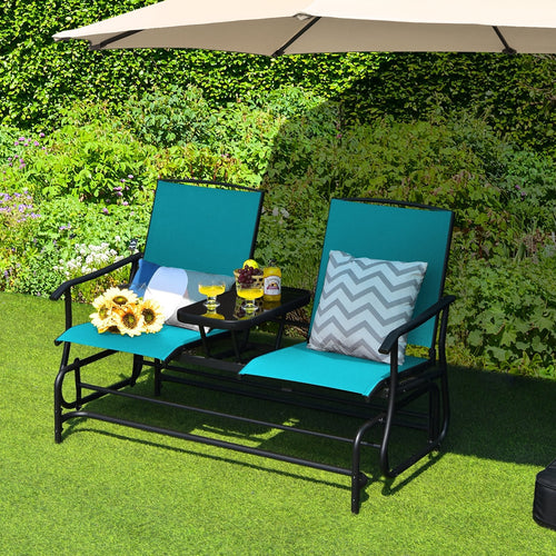 2-Person Double Rocking Loveseat with Mesh Fabric and Center Tempered Glass Table, Turquoise