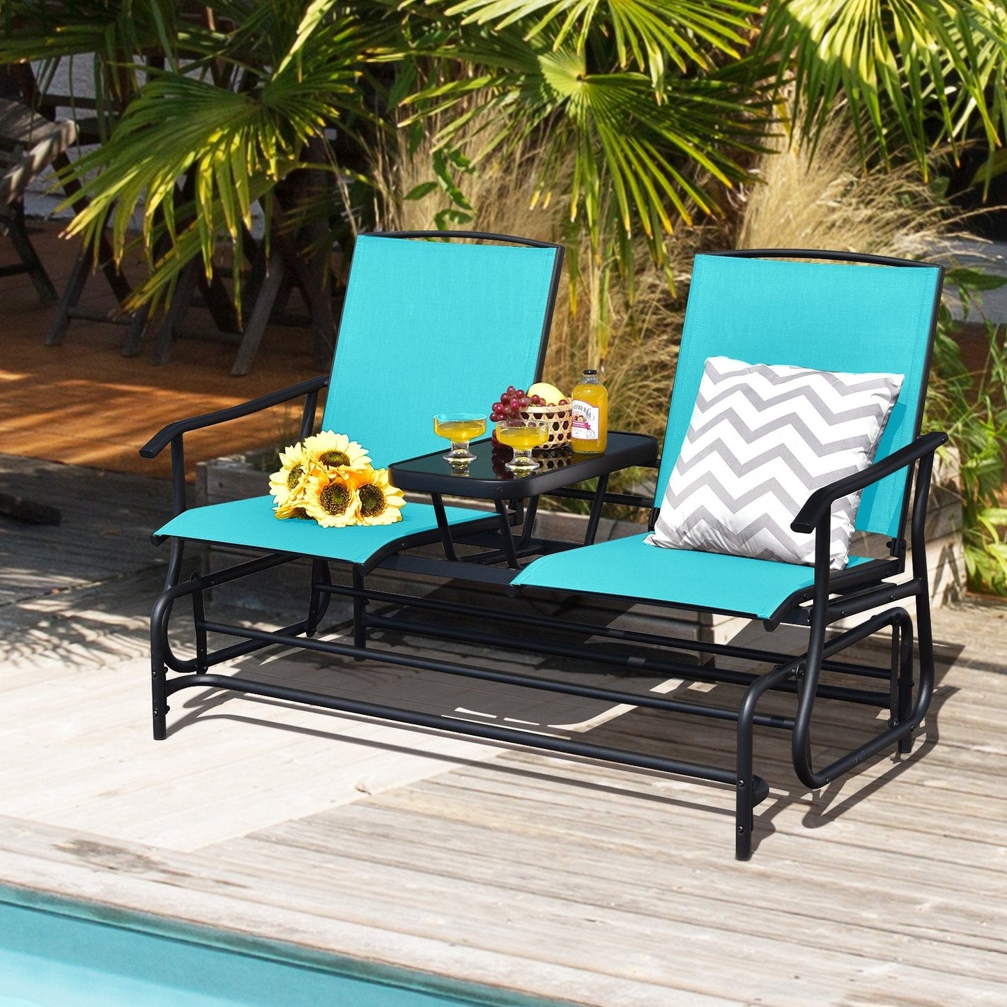 2-Person Double Rocking Loveseat with Mesh Fabric and Center Tempered Glass Table, Turquoise Patio Conversation Sets   at Gallery Canada