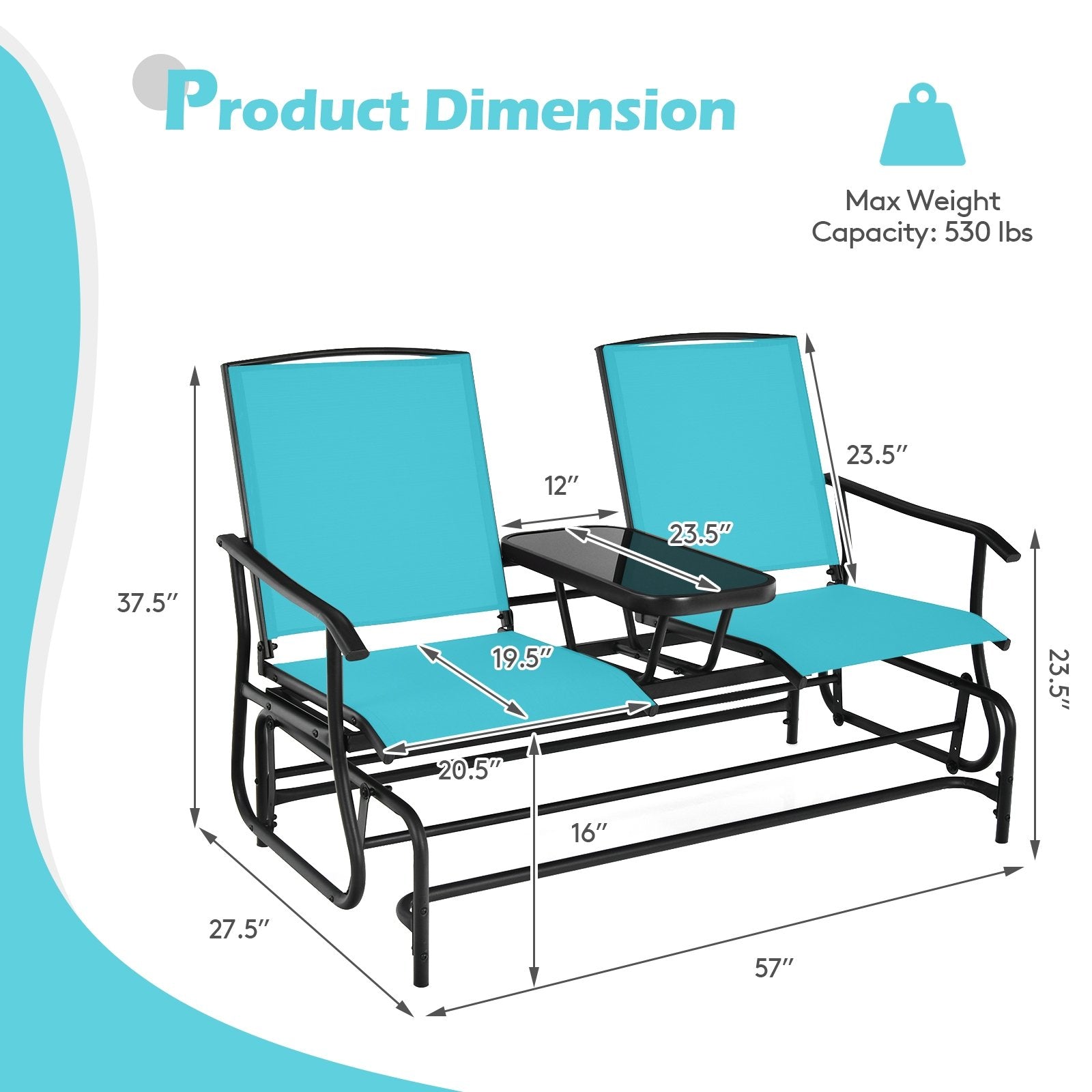 2-Person Double Rocking Loveseat with Mesh Fabric and Center Tempered Glass Table, Turquoise Patio Conversation Sets   at Gallery Canada