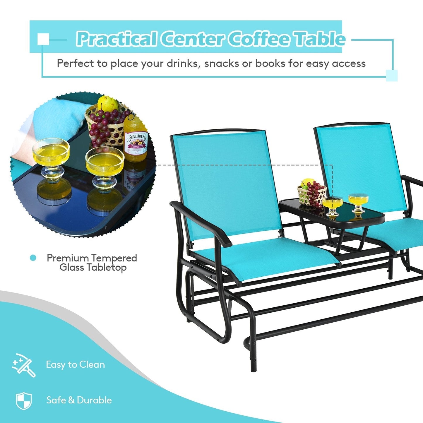 2-Person Double Rocking Loveseat with Mesh Fabric and Center Tempered Glass Table, Turquoise Patio Conversation Sets   at Gallery Canada