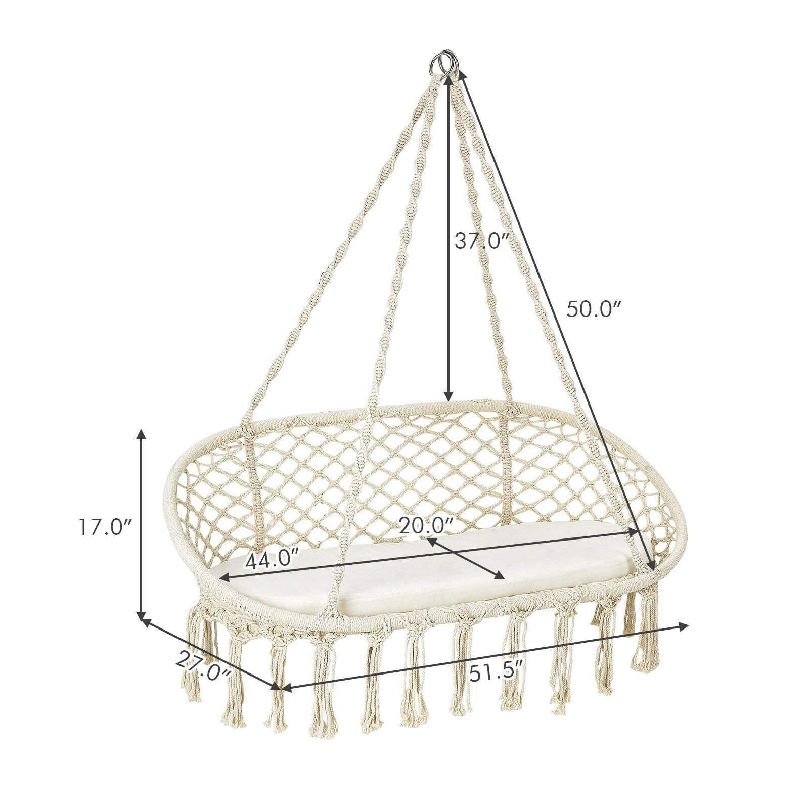 2 Person Hanging Hammock Chair with Cushion Macrame Swing, Beige Hammocks   at Gallery Canada