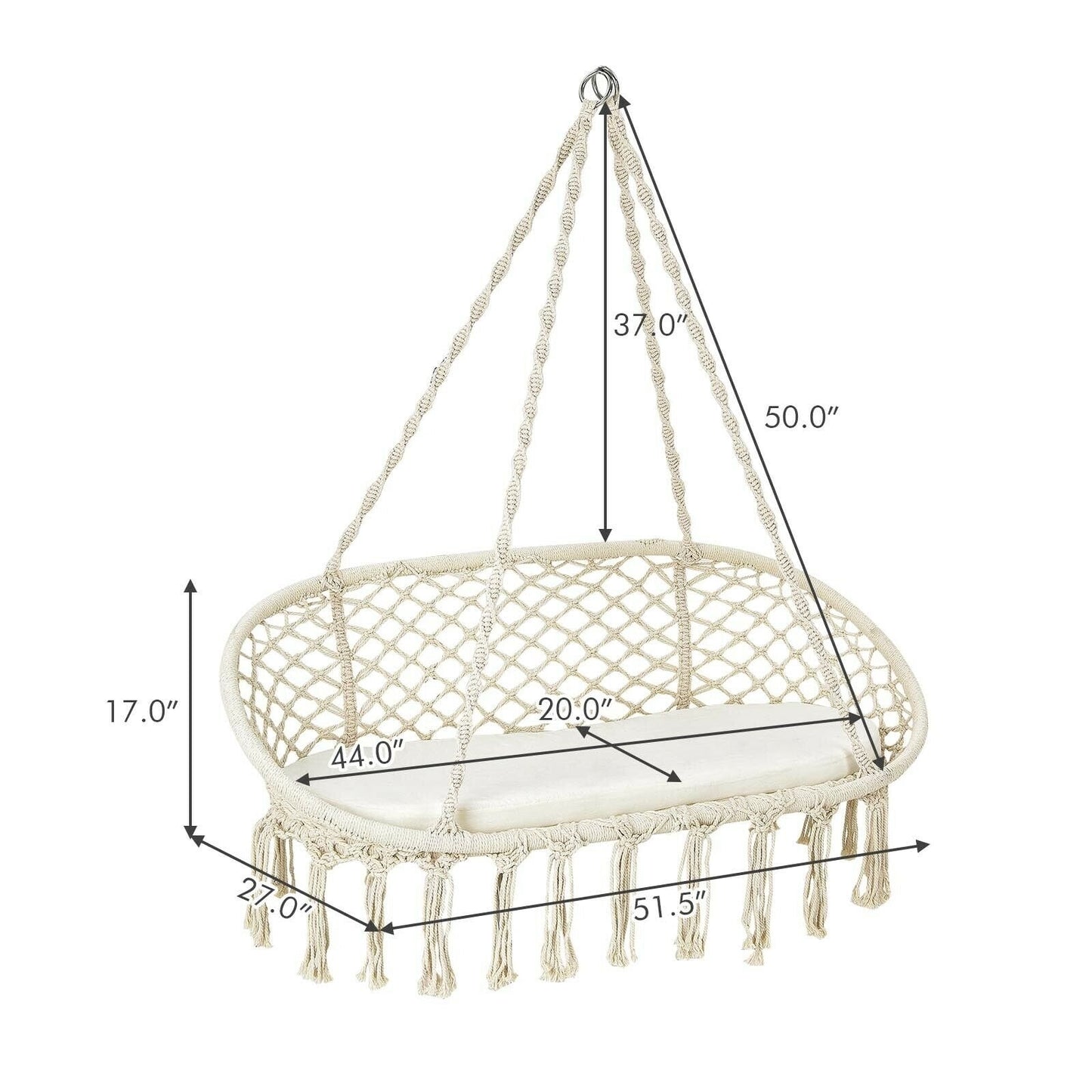 2 Person Hanging Hammock Chair with Cushion Macrame Swing, Beige Hammocks   at Gallery Canada