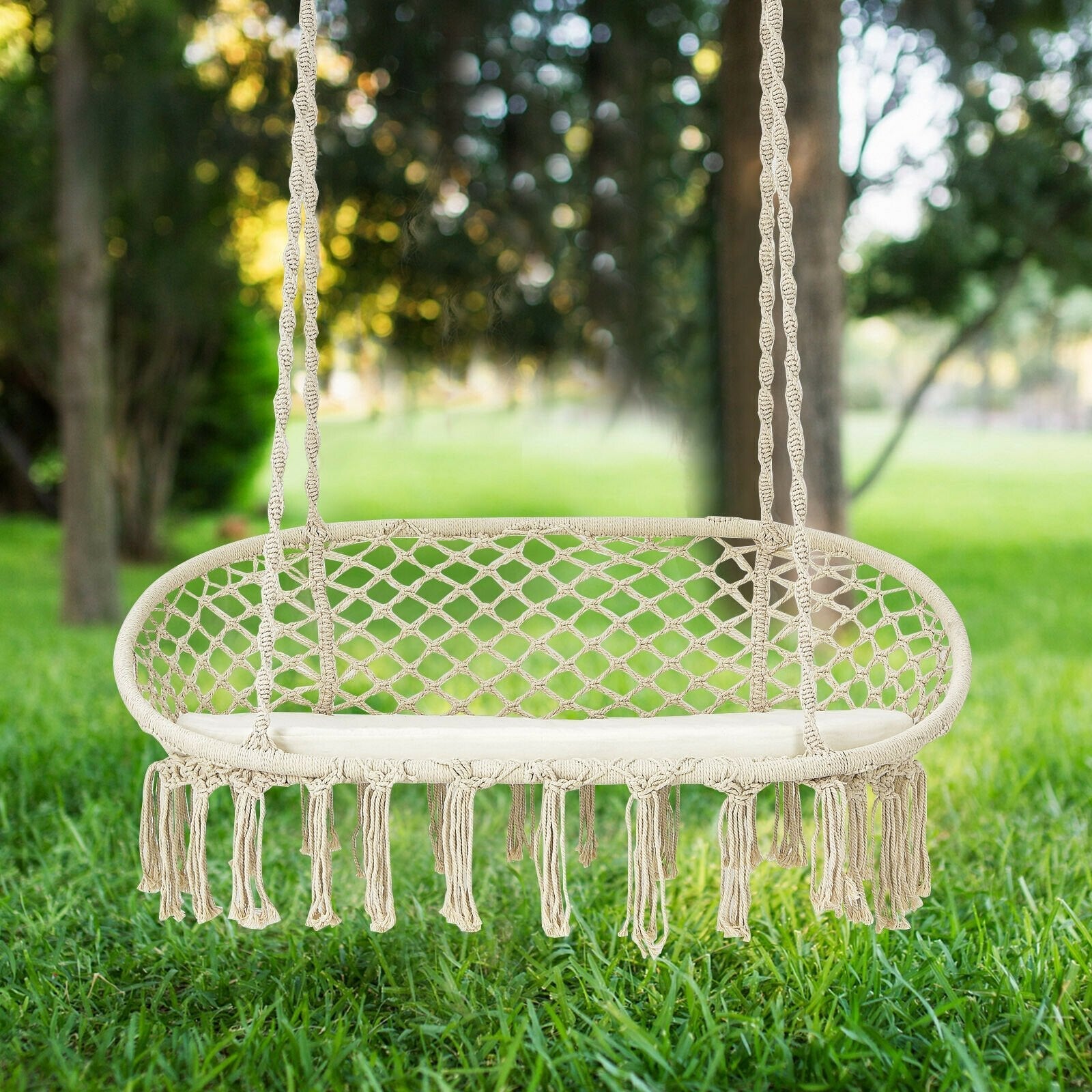 2 Person Hanging Hammock Chair with Cushion Macrame Swing, Beige Hammocks   at Gallery Canada