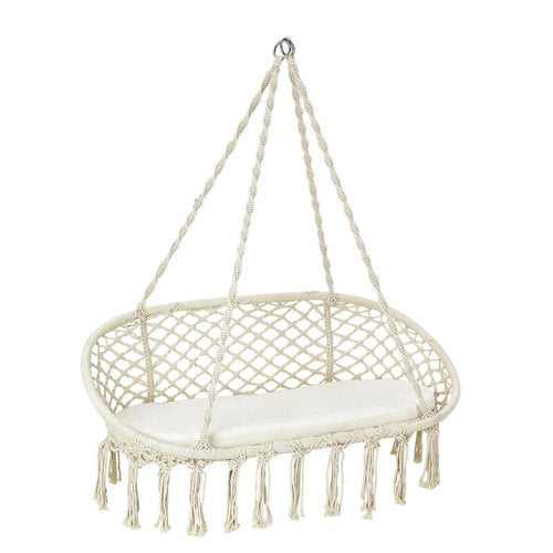 2 Person Hanging Hammock Chair with Cushion Macrame Swing, Beige