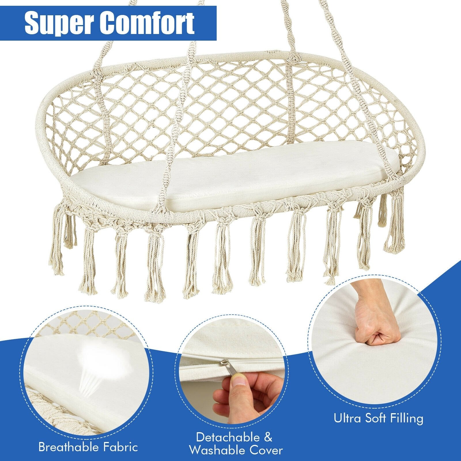 2 Person Hanging Hammock Chair with Cushion Macrame Swing, Beige Hammocks   at Gallery Canada