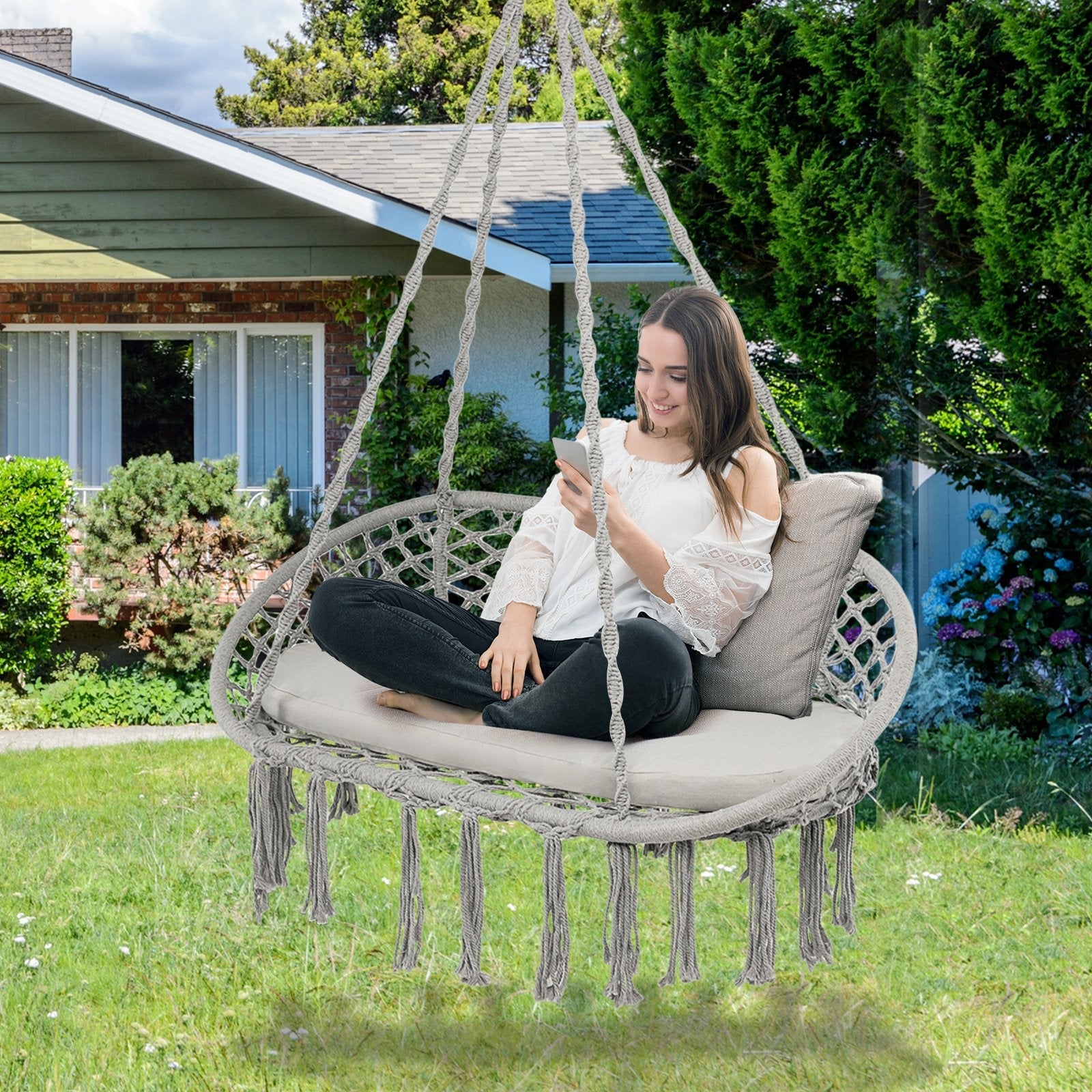 2 Person Hanging Hammock Chair with Cushion Macrame Swing, Gray Hammocks   at Gallery Canada