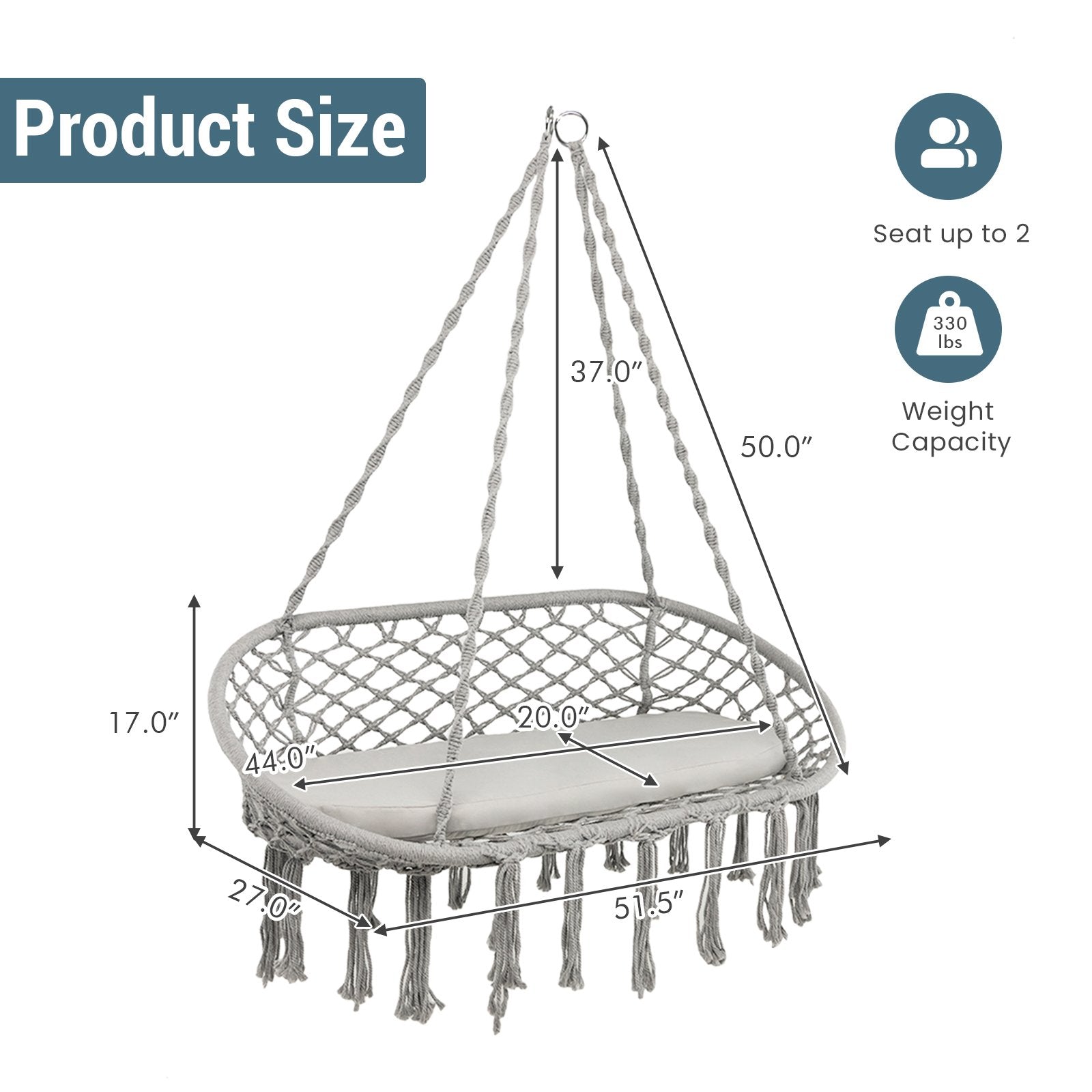 2 Person Hanging Hammock Chair with Cushion Macrame Swing, Gray Hammocks   at Gallery Canada