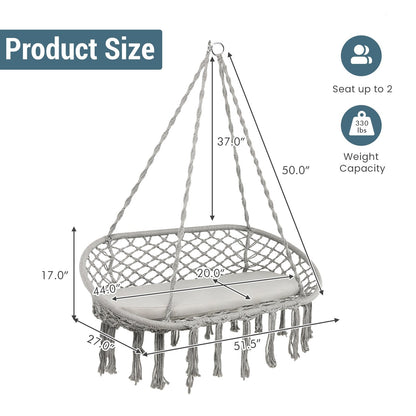 2 Person Hanging Hammock Chair with Cushion Macrame Swing, Gray Hammocks   at Gallery Canada