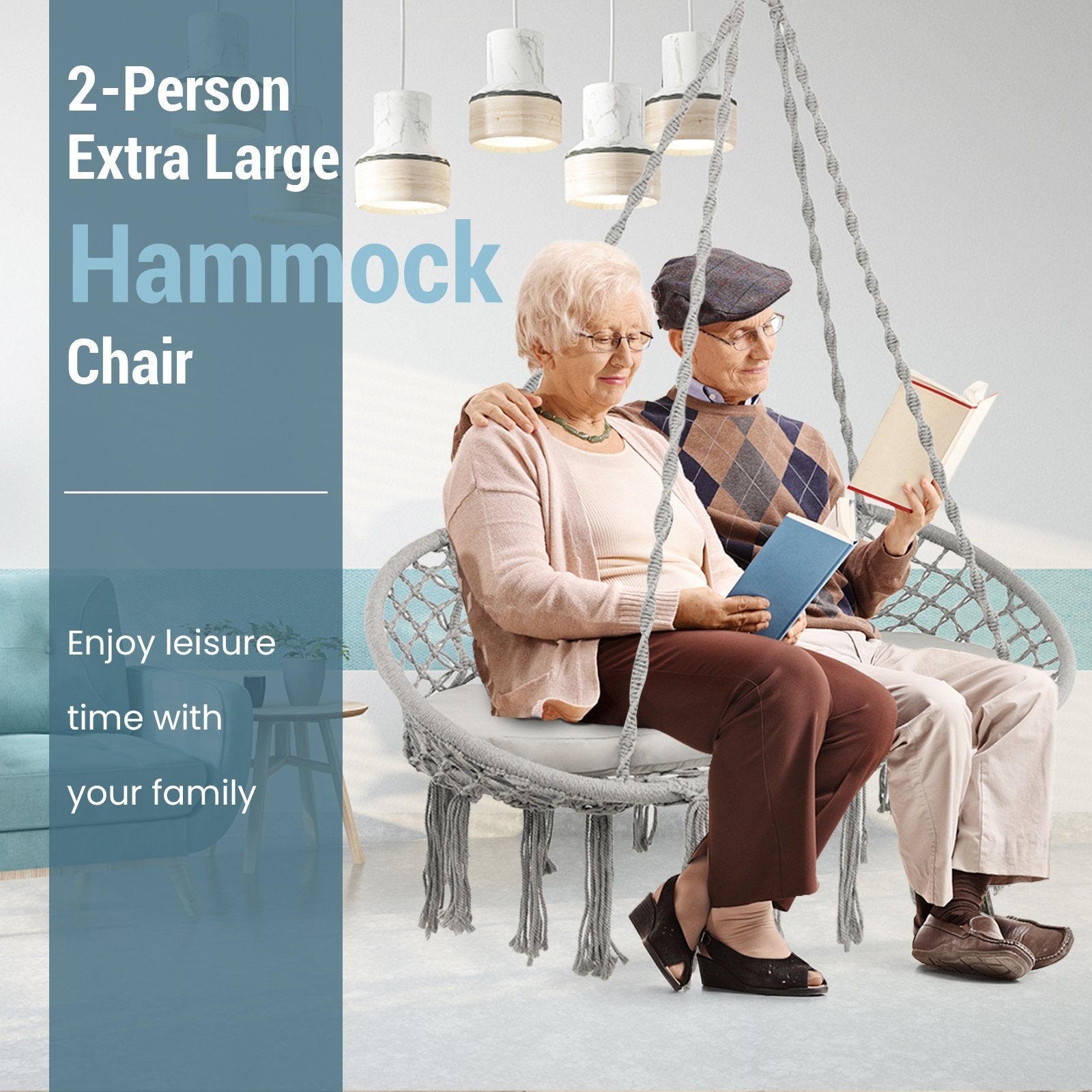 2 Person Hanging Hammock Chair with Cushion Macrame Swing, Gray Hammocks   at Gallery Canada