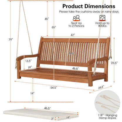 2-Person Hanging Porch Swing Wood Bench with Cushion Curved Back, Natural Porch Swings   at Gallery Canada