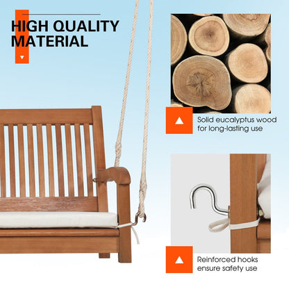 2-Person Hanging Porch Swing Wood Bench with Cushion Curved Back, Natural Porch Swings   at Gallery Canada