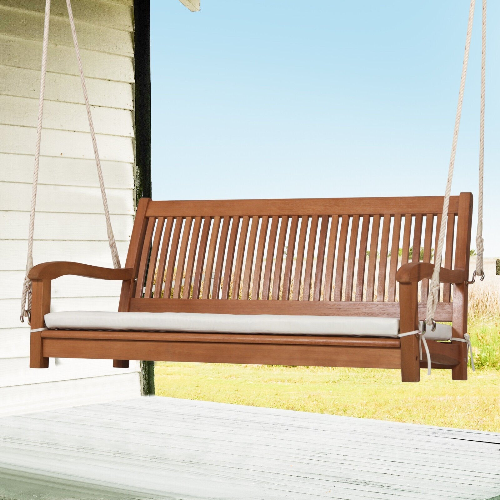2-Person Hanging Porch Swing Wood Bench with Cushion Curved Back, Natural Porch Swings   at Gallery Canada
