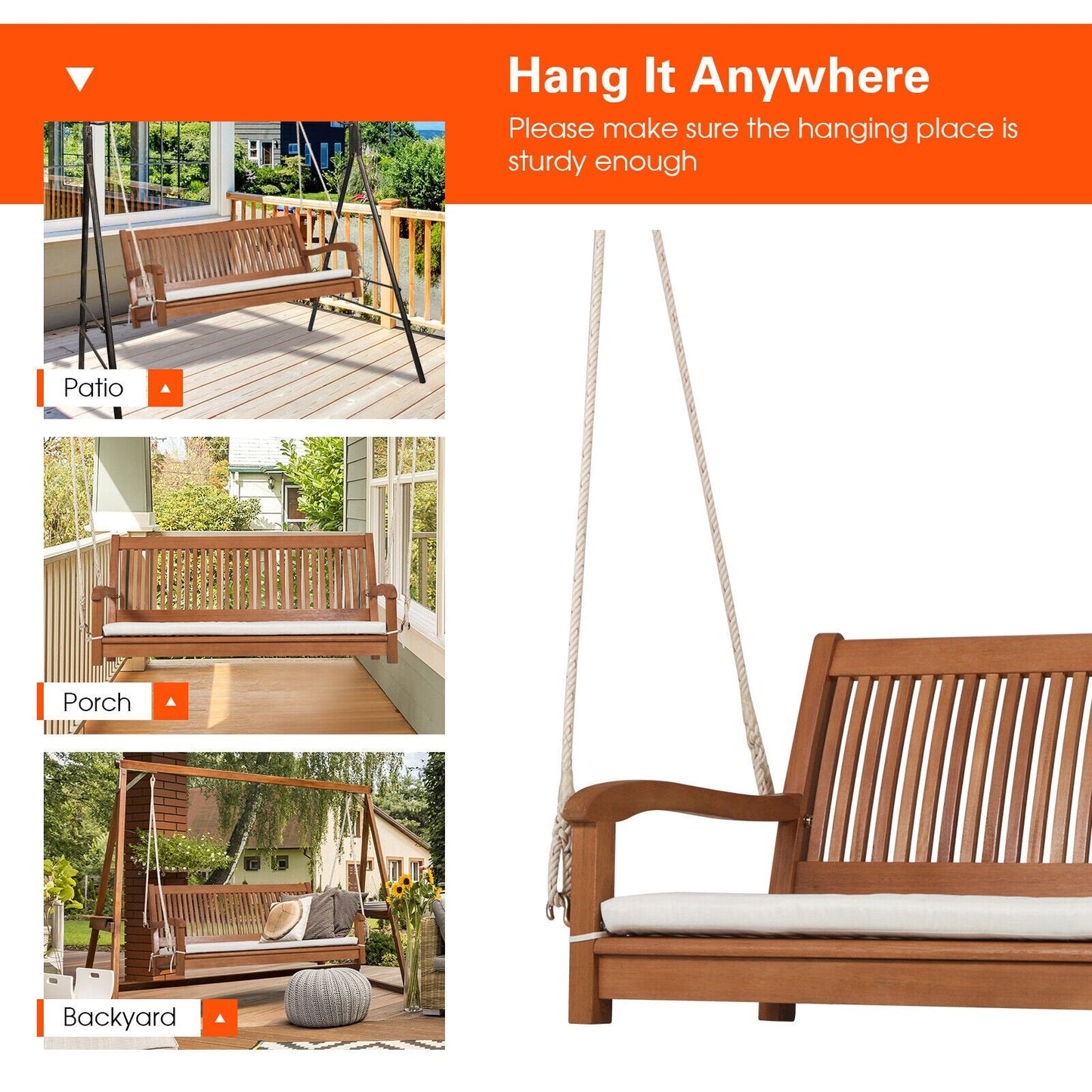 2-Person Hanging Porch Swing Wood Bench with Cushion Curved Back, Natural Porch Swings   at Gallery Canada