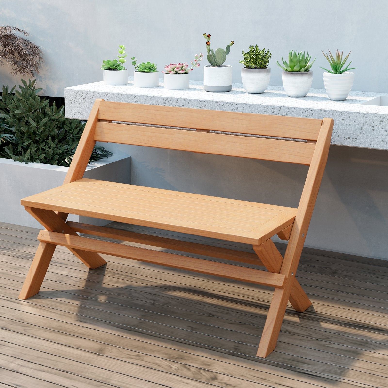 2-Person Indonesia Teak Wood Folding Outdoor Benches with Slatted Seat, Natural Outdoor Benches   at Gallery Canada