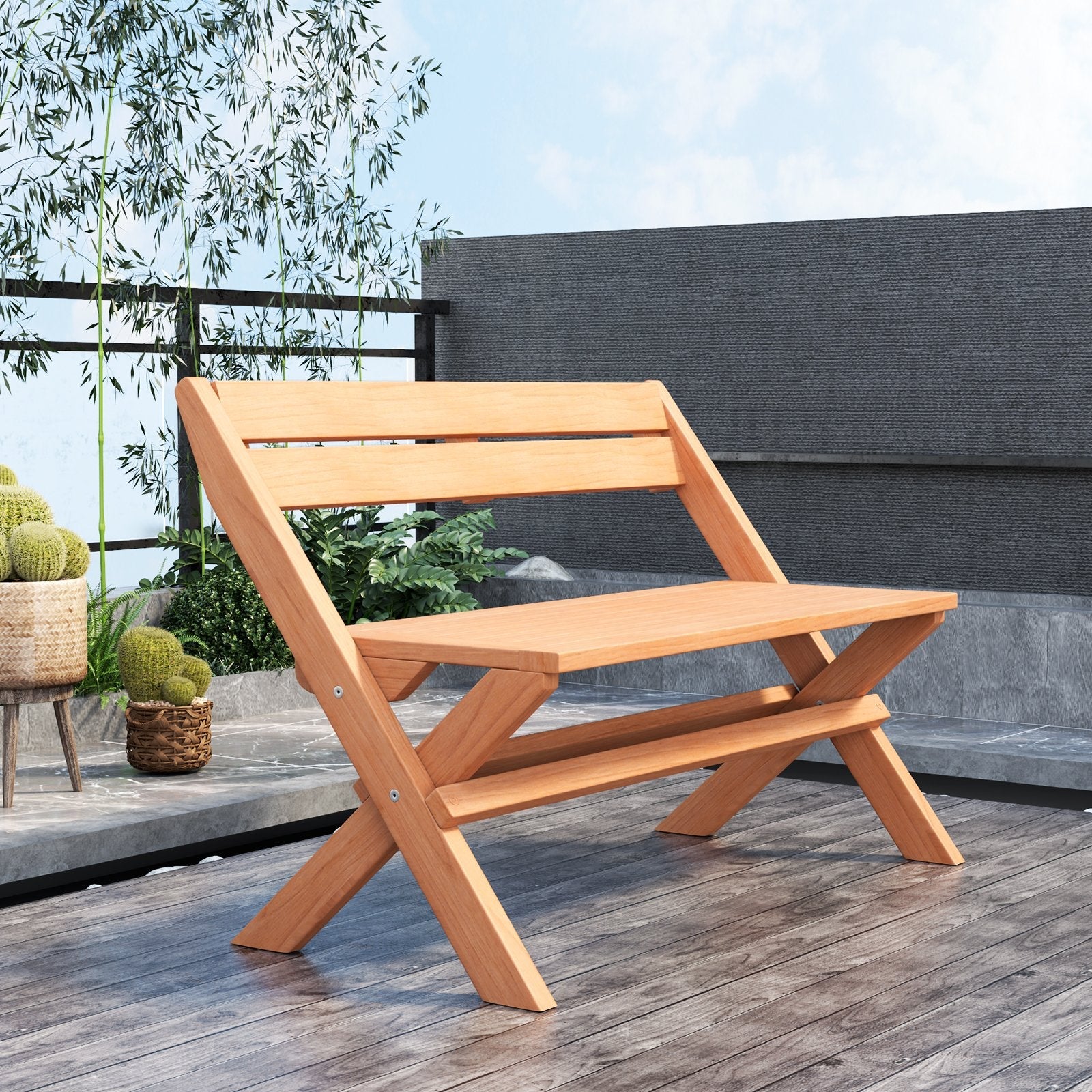 2-Person Indonesia Teak Wood Folding Outdoor Benches with Slatted Seat, Natural Outdoor Benches   at Gallery Canada