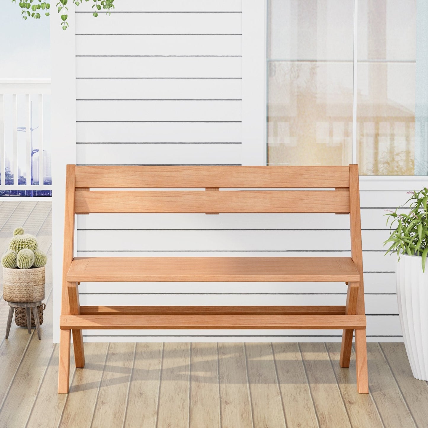 2-Person Indonesia Teak Wood Folding Outdoor Benches with Slatted Seat, Natural Outdoor Benches   at Gallery Canada