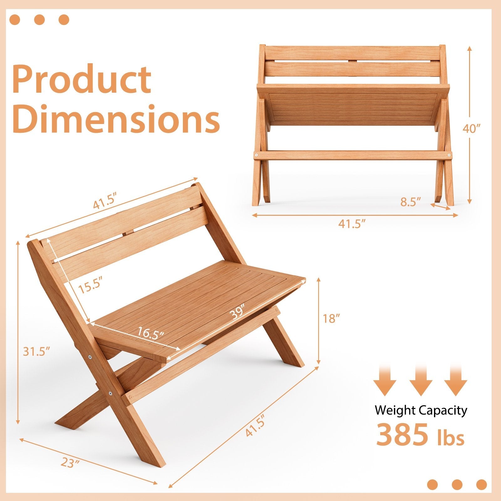 2-Person Indonesia Teak Wood Folding Outdoor Benches with Slatted Seat, Natural Outdoor Benches   at Gallery Canada