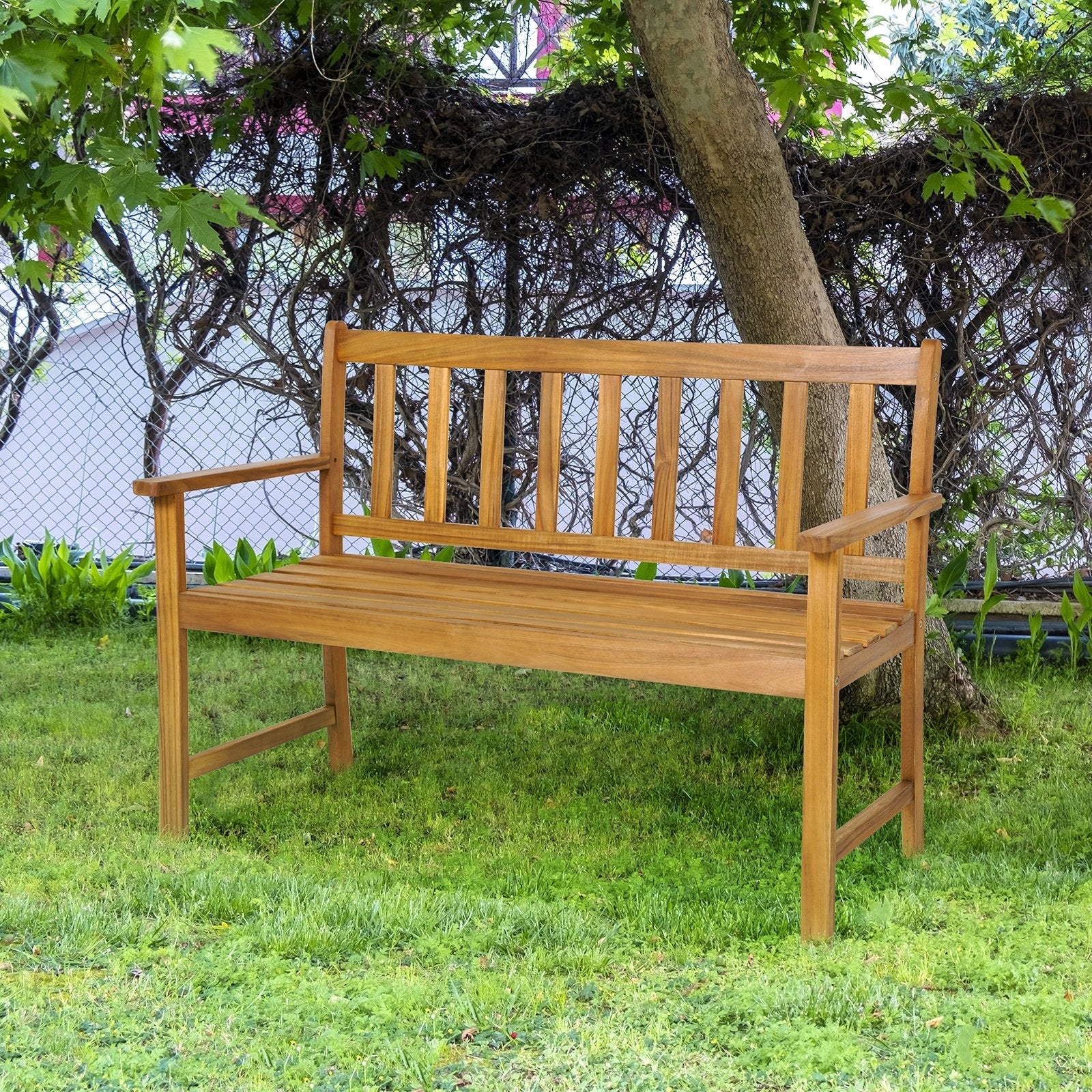 2-Person Outdoor Acacia Wood Bench with Backrest, Natural Outdoor Benches   at Gallery Canada