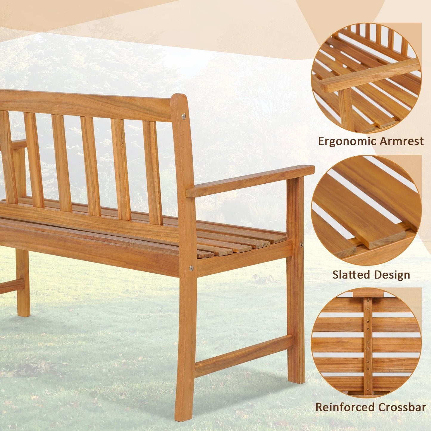 2-Person Outdoor Acacia Wood Bench with Backrest, Natural Outdoor Benches   at Gallery Canada