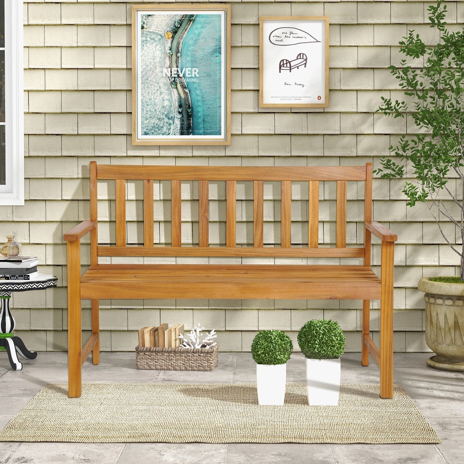 2-Person Outdoor Acacia Wood Bench with Backrest, Natural Outdoor Benches   at Gallery Canada