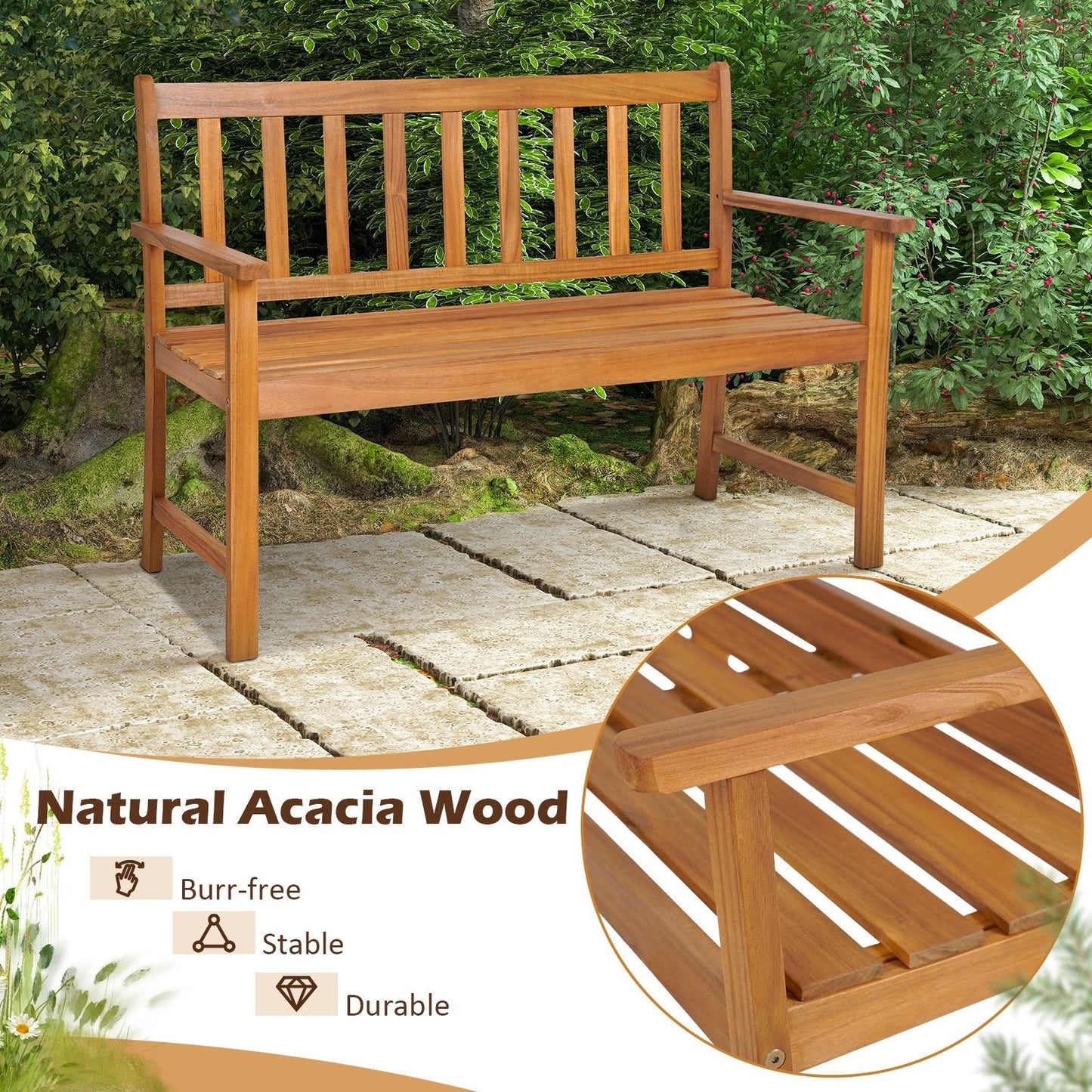 2-Person Outdoor Acacia Wood Bench with Backrest, Natural Outdoor Benches   at Gallery Canada