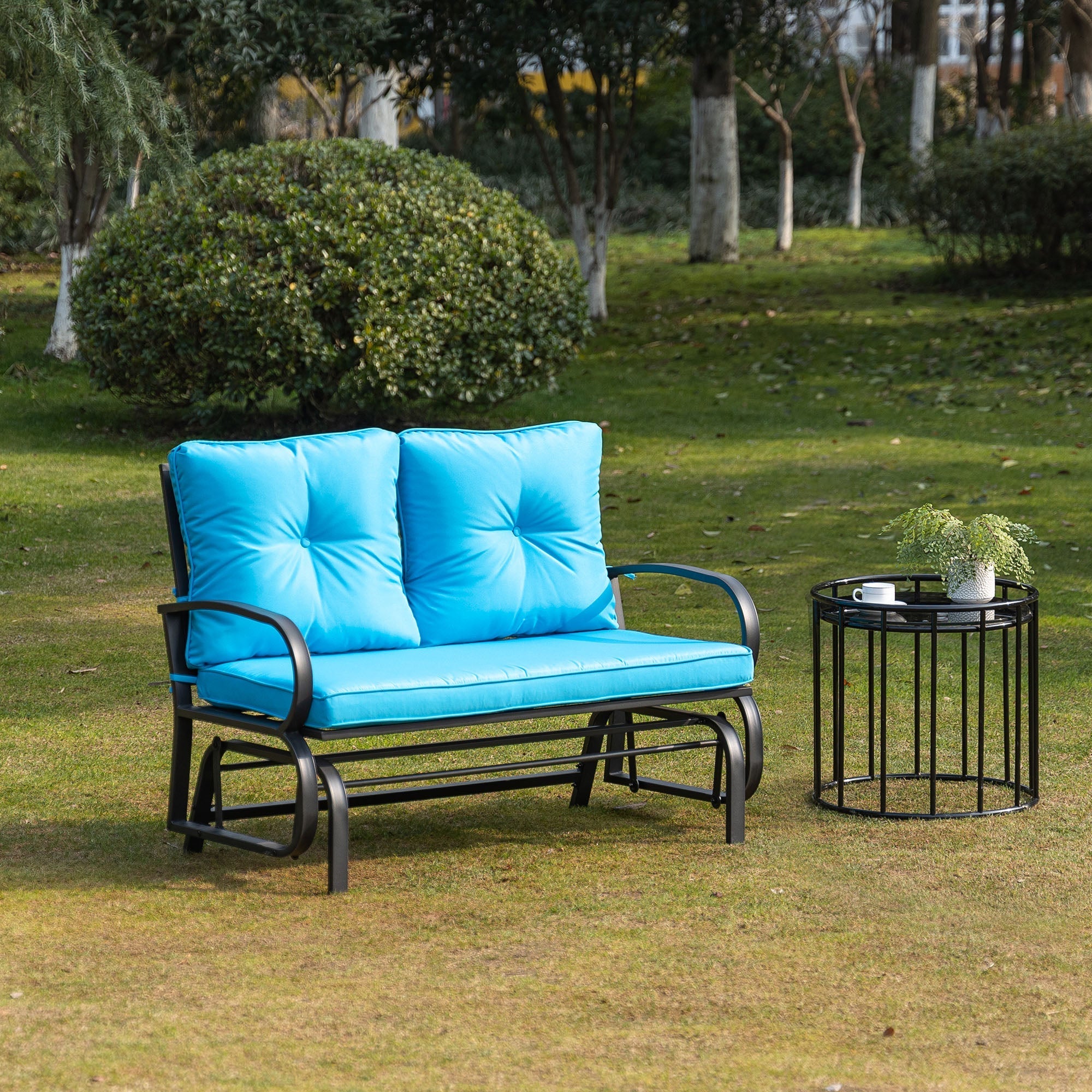 2-Person Outdoor Glider Chair, Patio Double Rocking Loveseat with Steel Frame and Cushions for Backyard, Garden and Porch, Blue Outdoor Gliders   at Gallery Canada