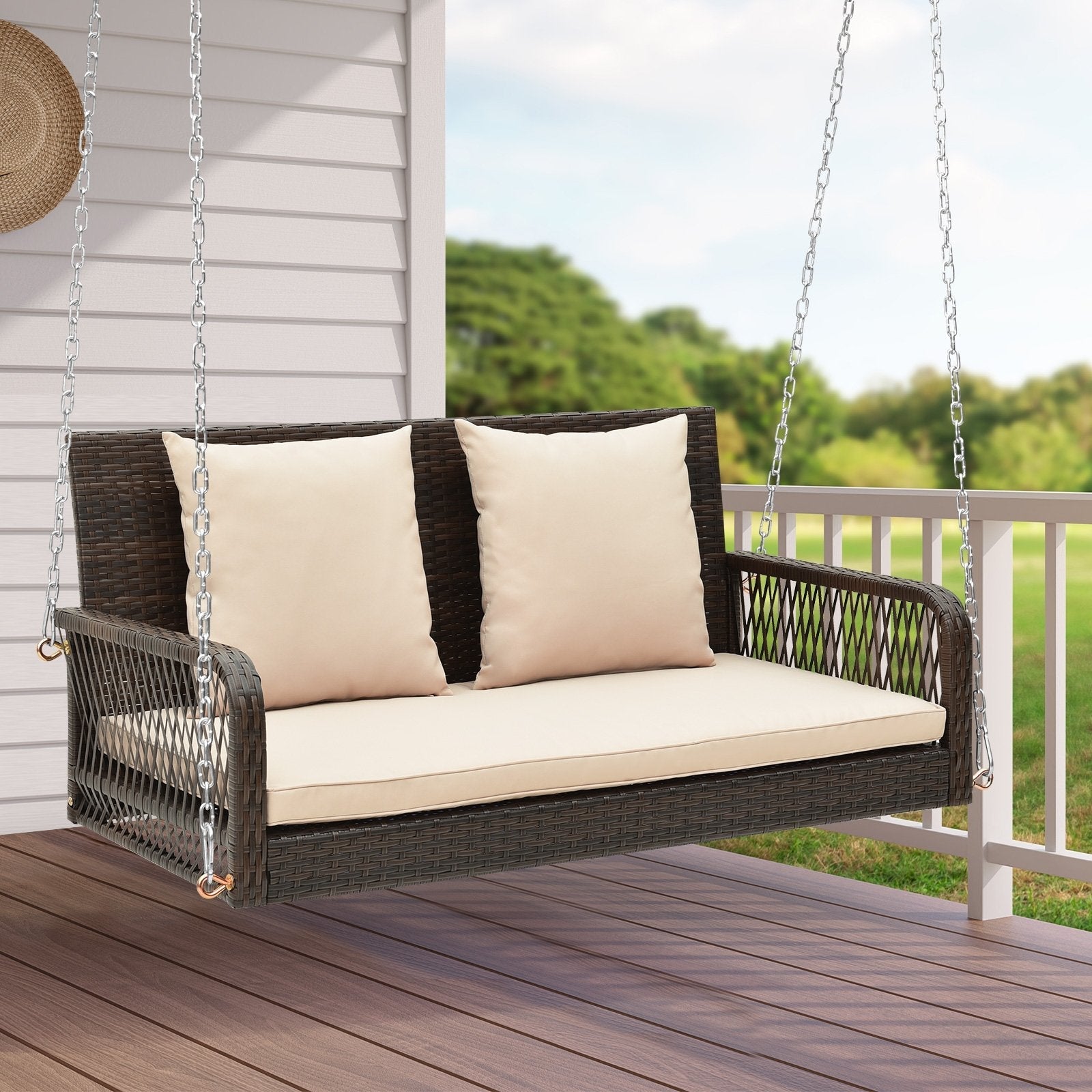 2-Person Outdoor Wicker Porch Swing with Seat and Back Cushions, Beige Porch Swings   at Gallery Canada